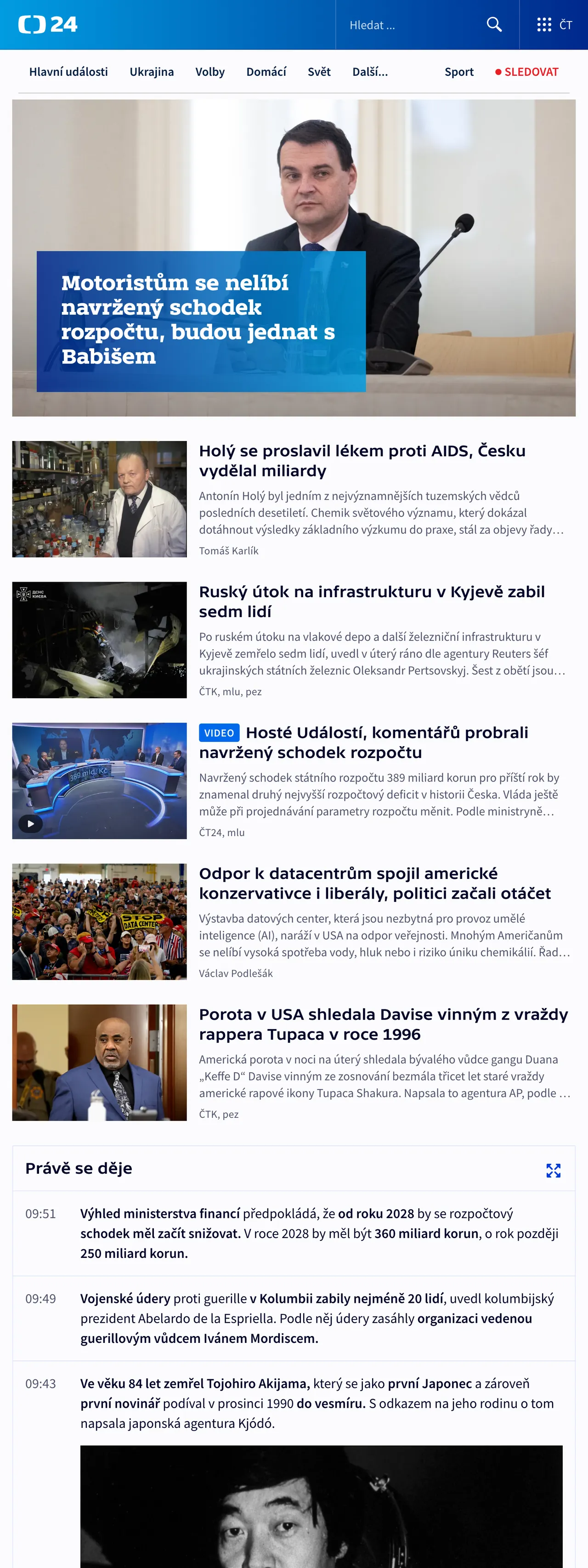 Screenshot of the ČT24 front page