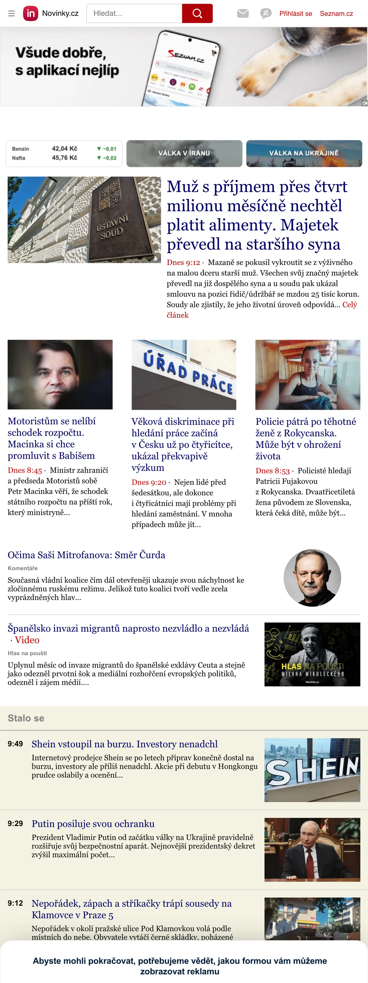 Screenshot of the Novinky.cz front page