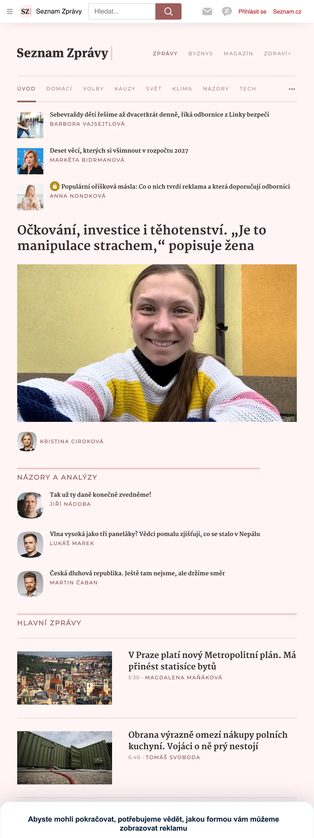 Screenshot of the Seznam Zprávy front page