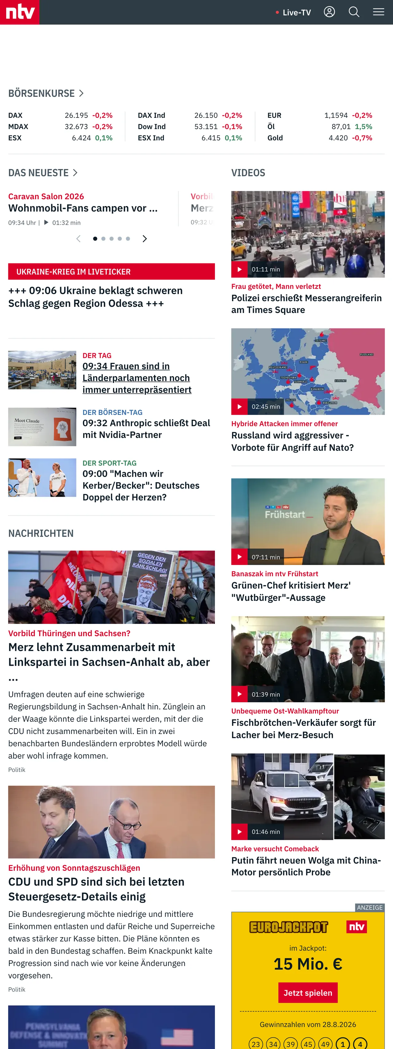 Screenshot of the n-tv front page