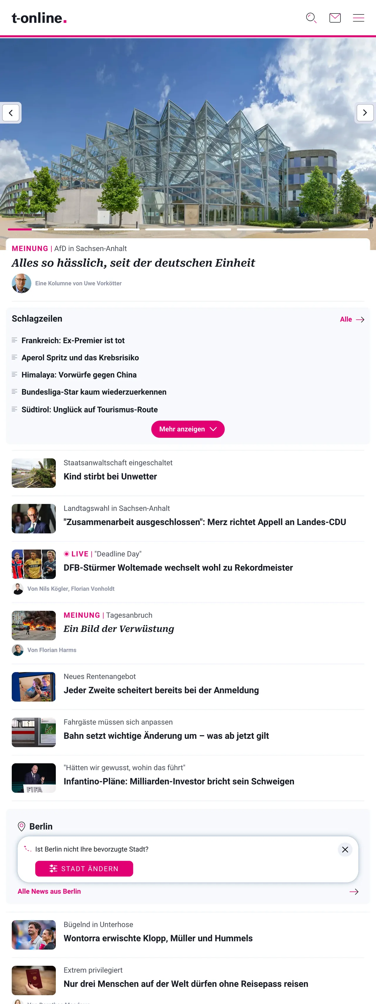 Screenshot of the t-online front page