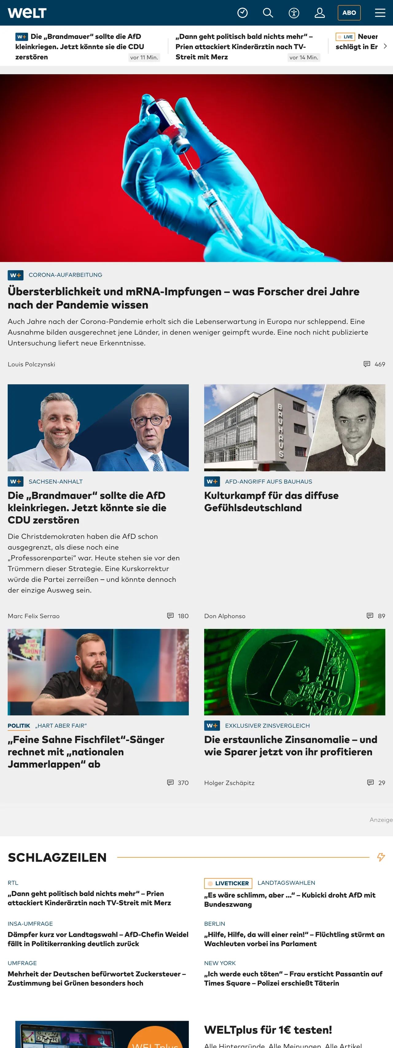 Screenshot of the WELT front page