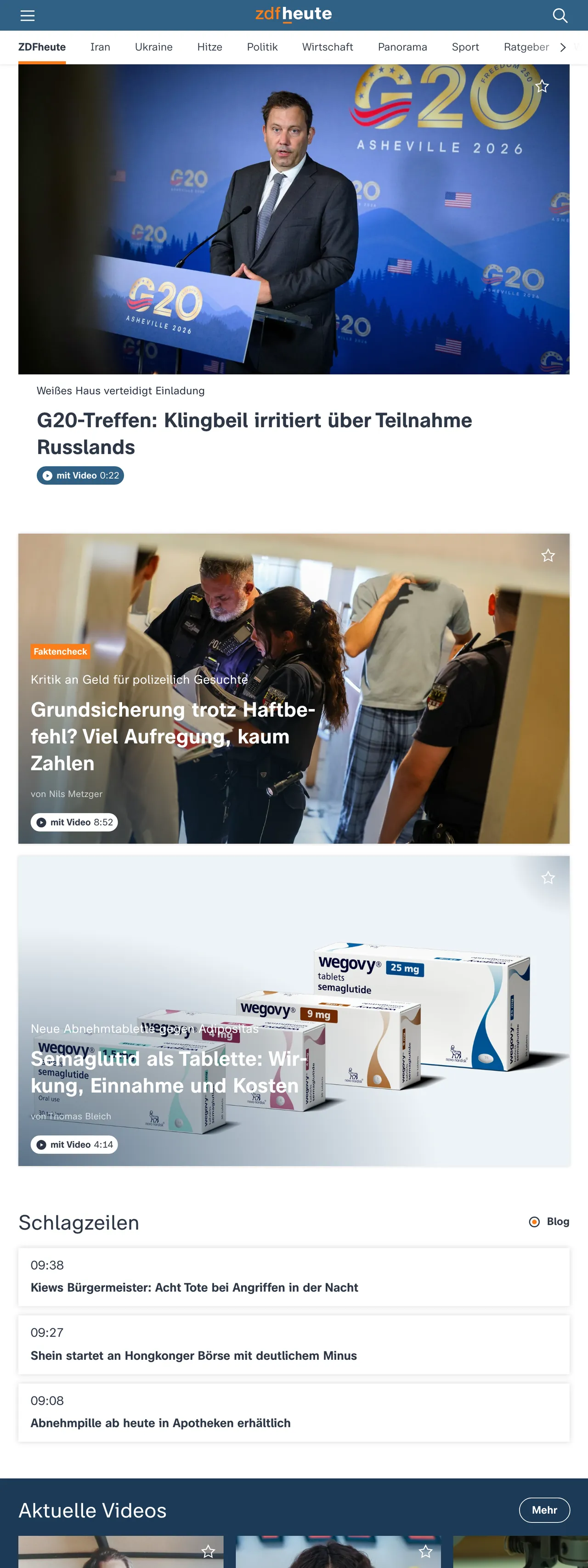 Screenshot of the ZDFheute front page