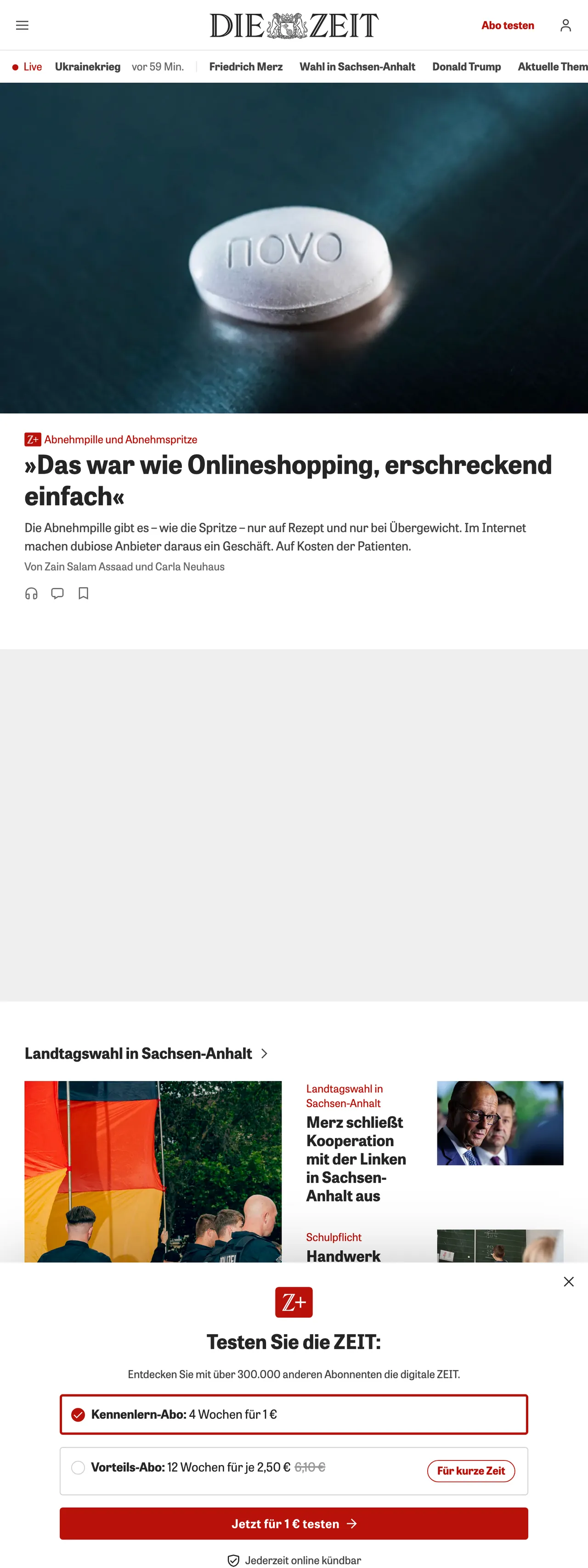 Screenshot of the ZEIT ONLINE front page
