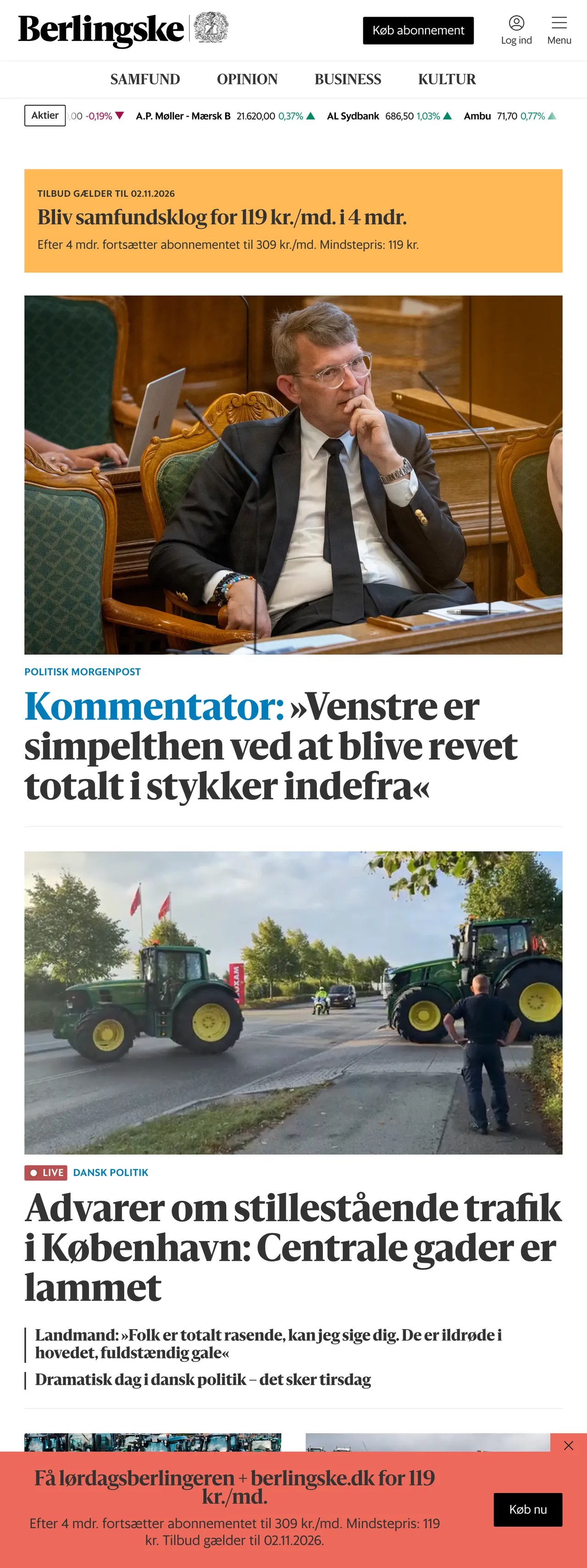 Screenshot of the Berlingske front page