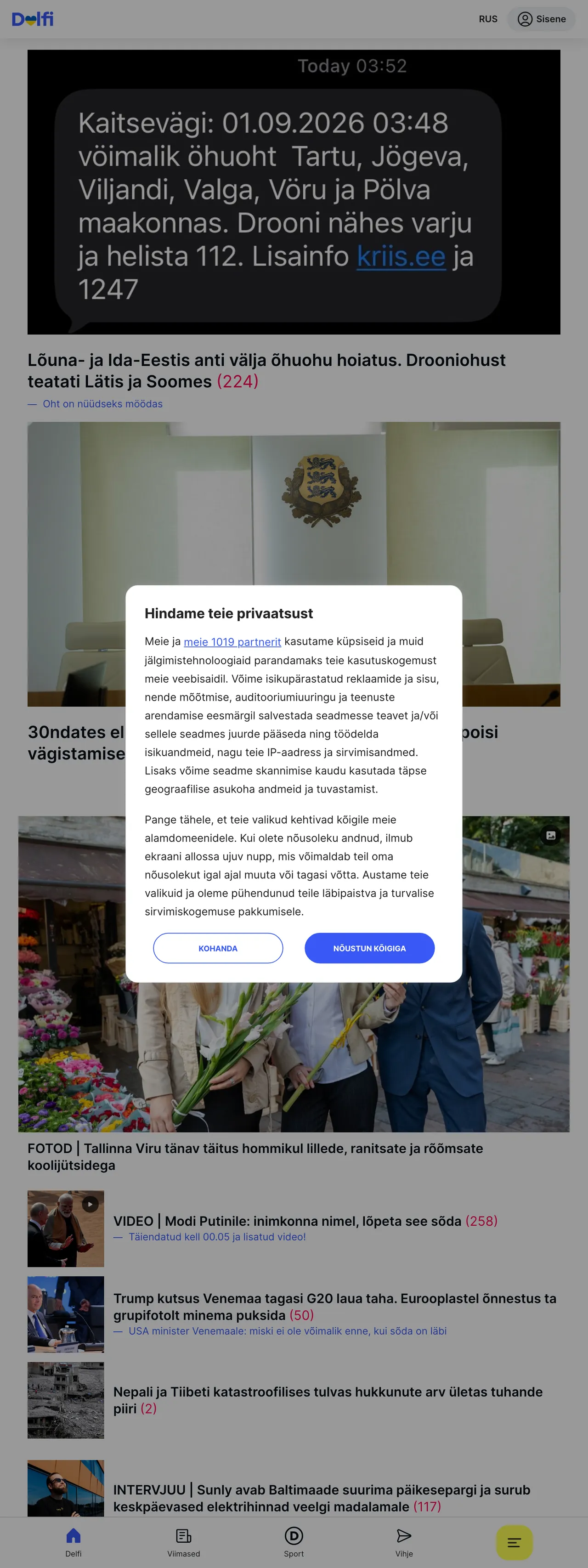 Screenshot of the Delfi front page