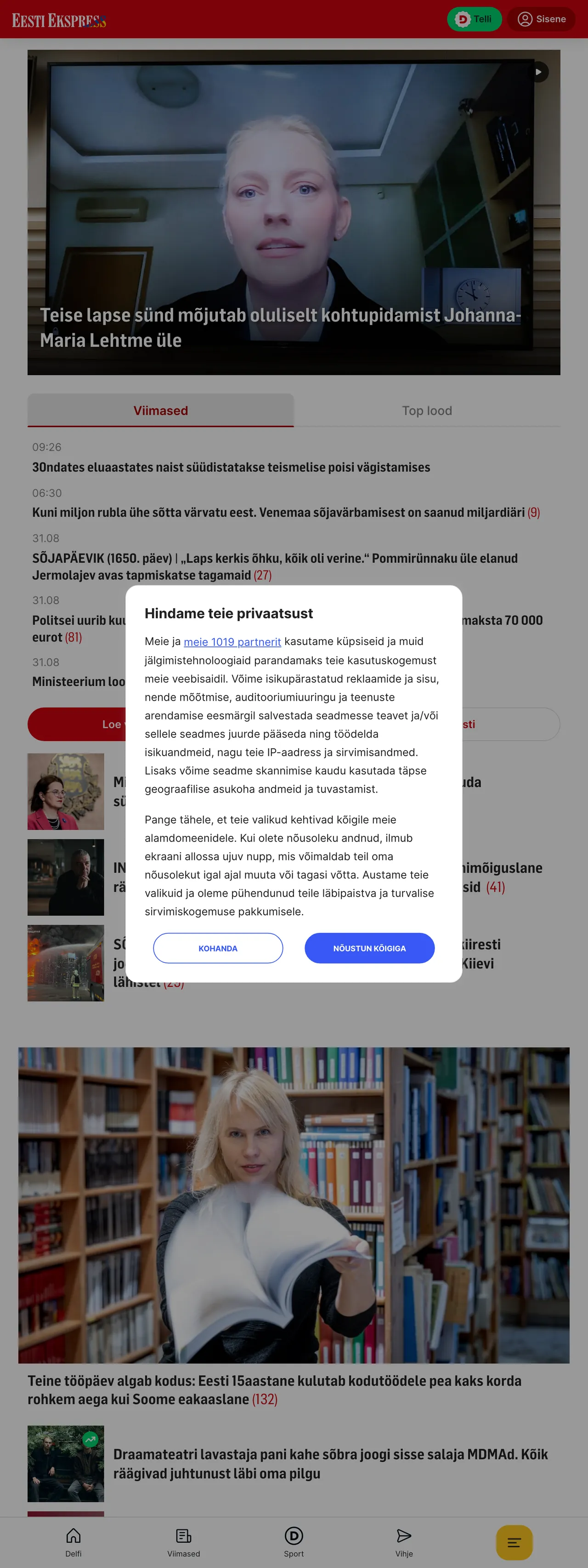 Screenshot of the Eesti Ekspress front page