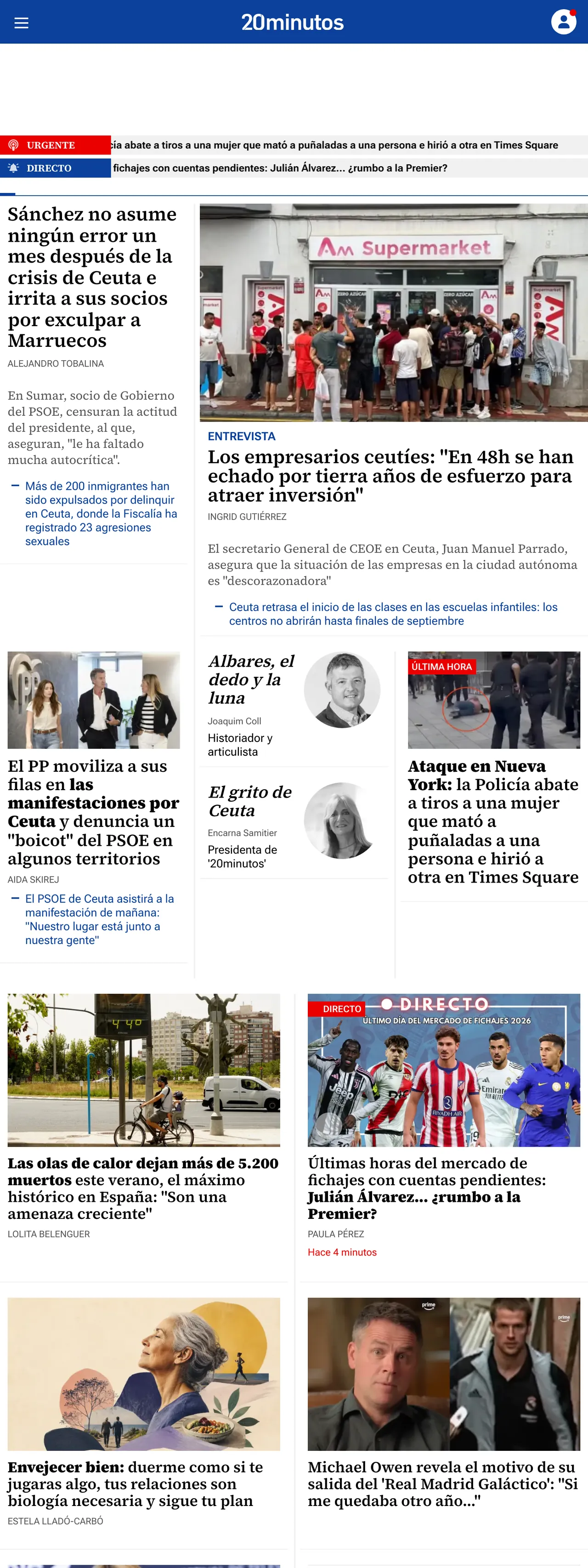 Screenshot of the 20minutos front page