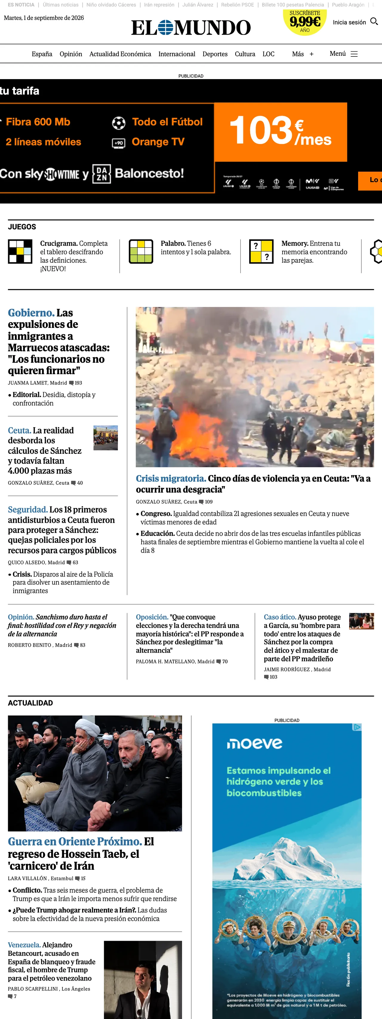 Screenshot of the El Mundo front page