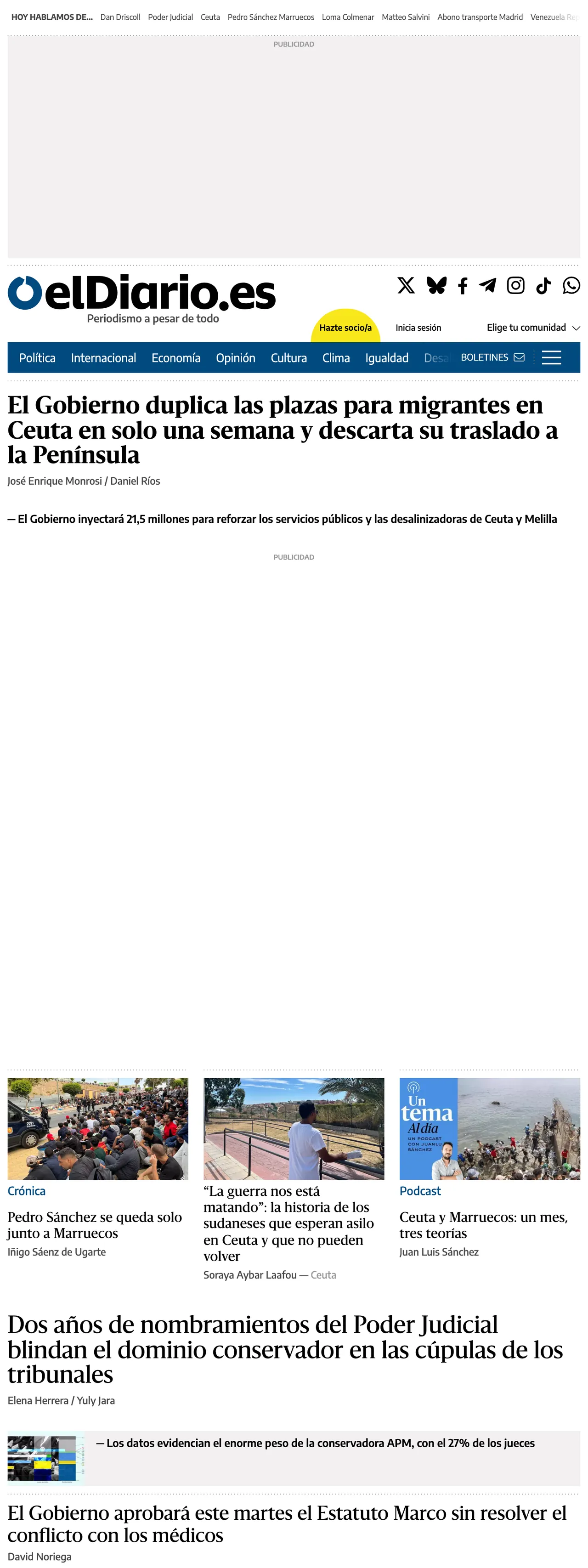 Screenshot of the elDiario.es front page