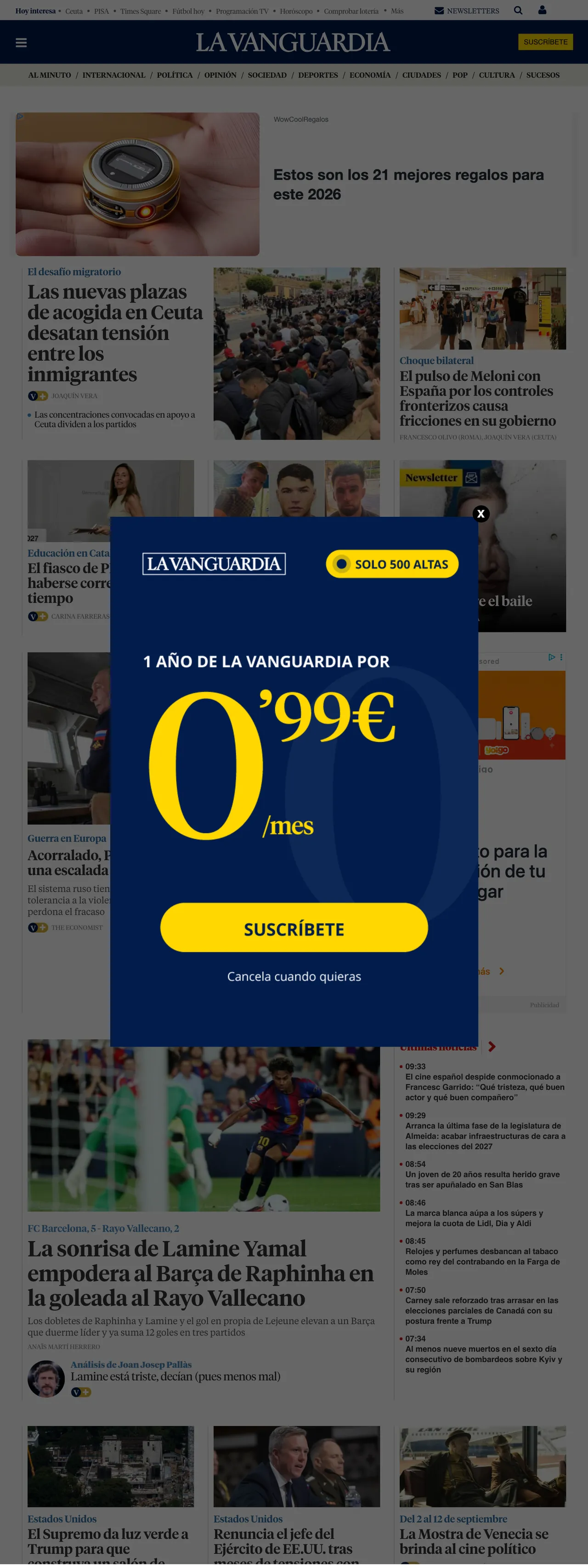 Screenshot of the La Vanguardia front page