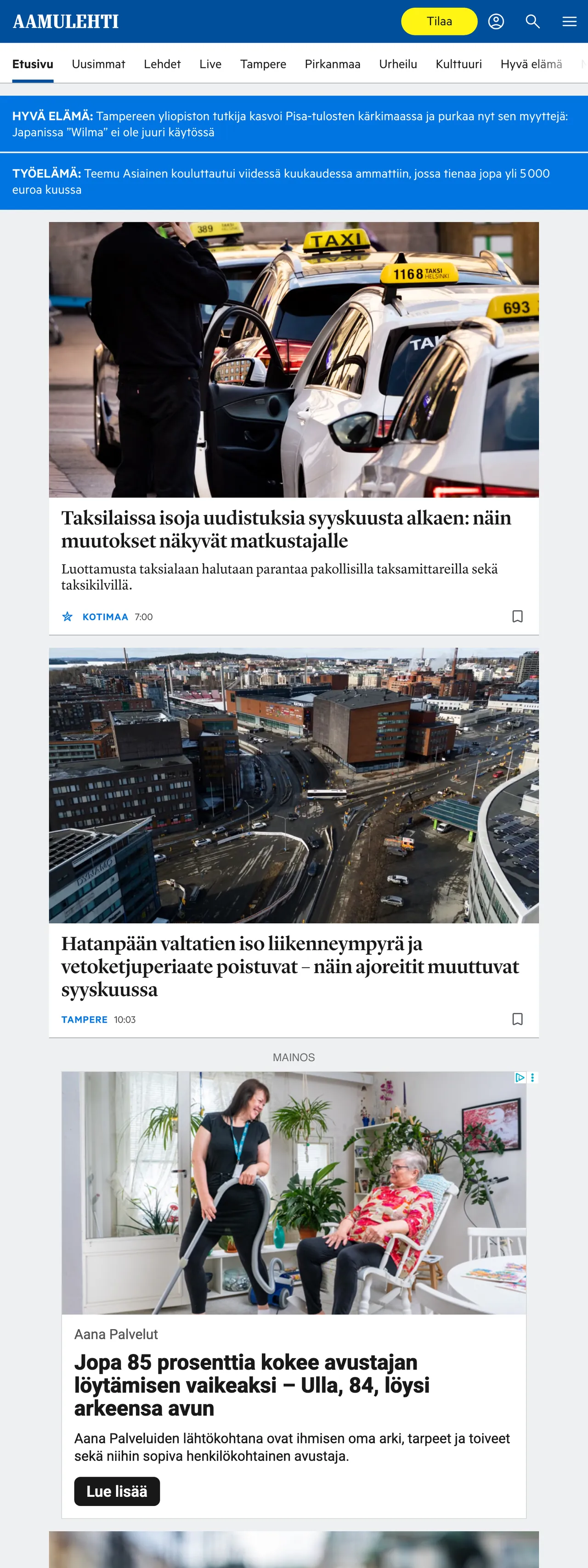 Screenshot of the Aamulehti front page