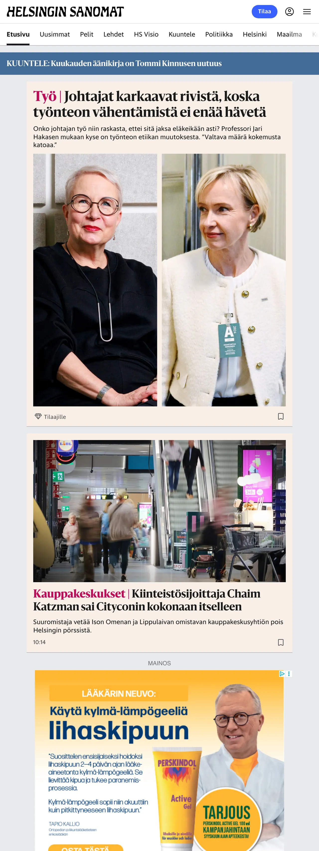 Screenshot of the Helsingin Sanomat front page
