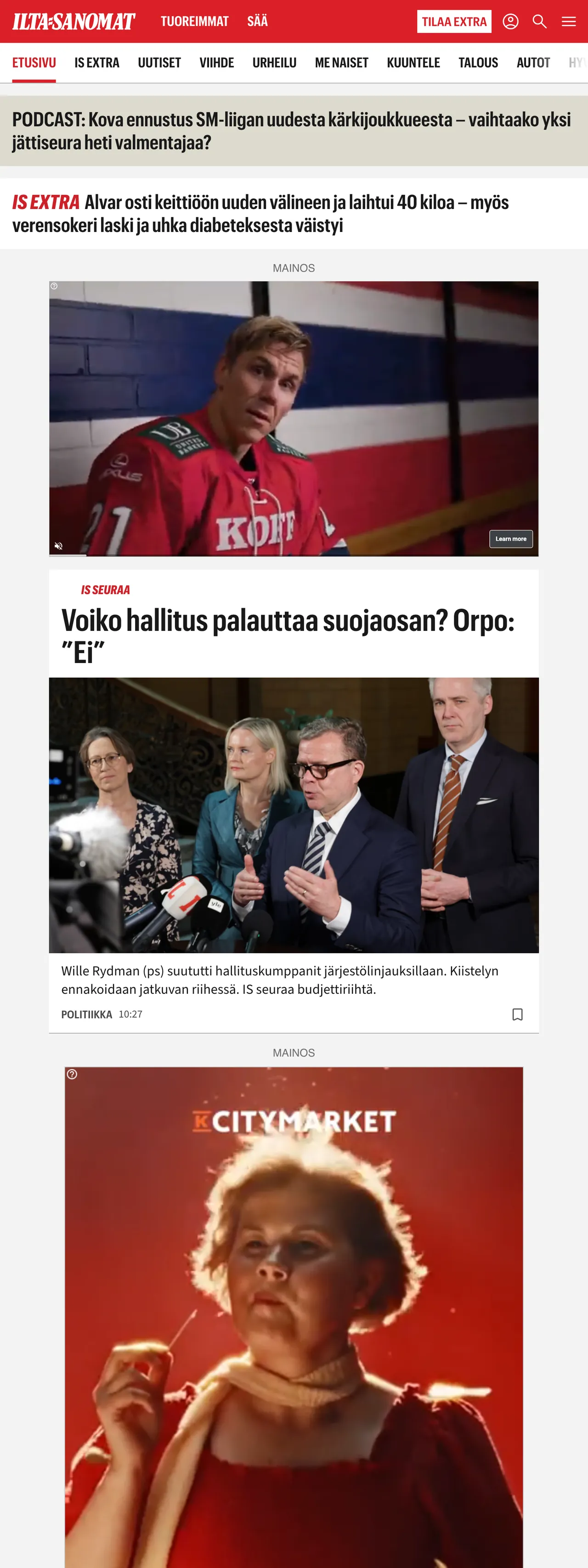 Screenshot of the Ilta-Sanomat front page