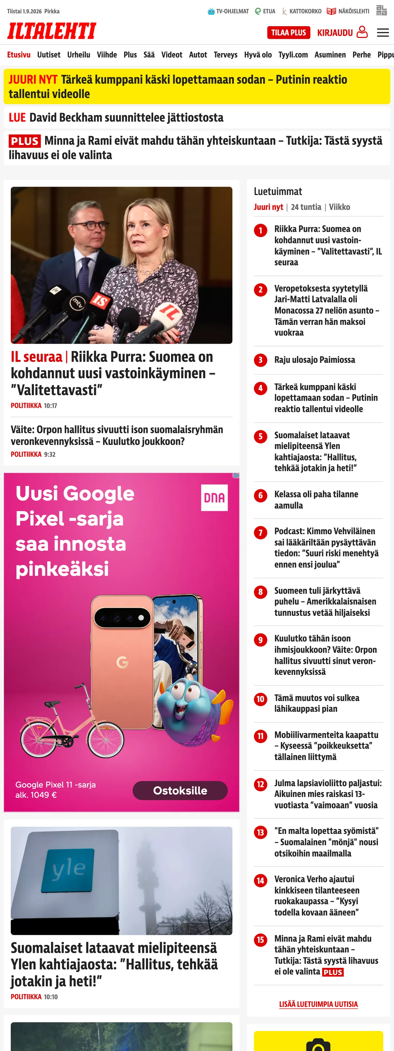 Screenshot of the Iltalehti front page