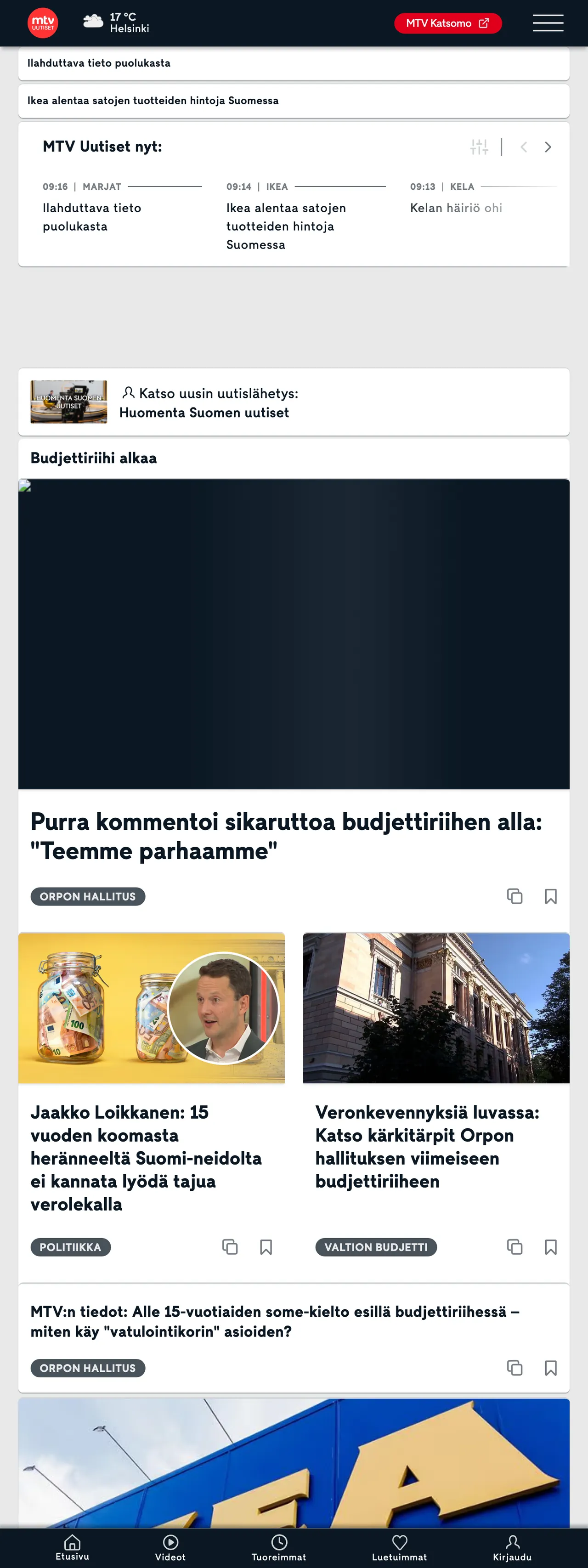 Screenshot of the MTV Uutiset front page