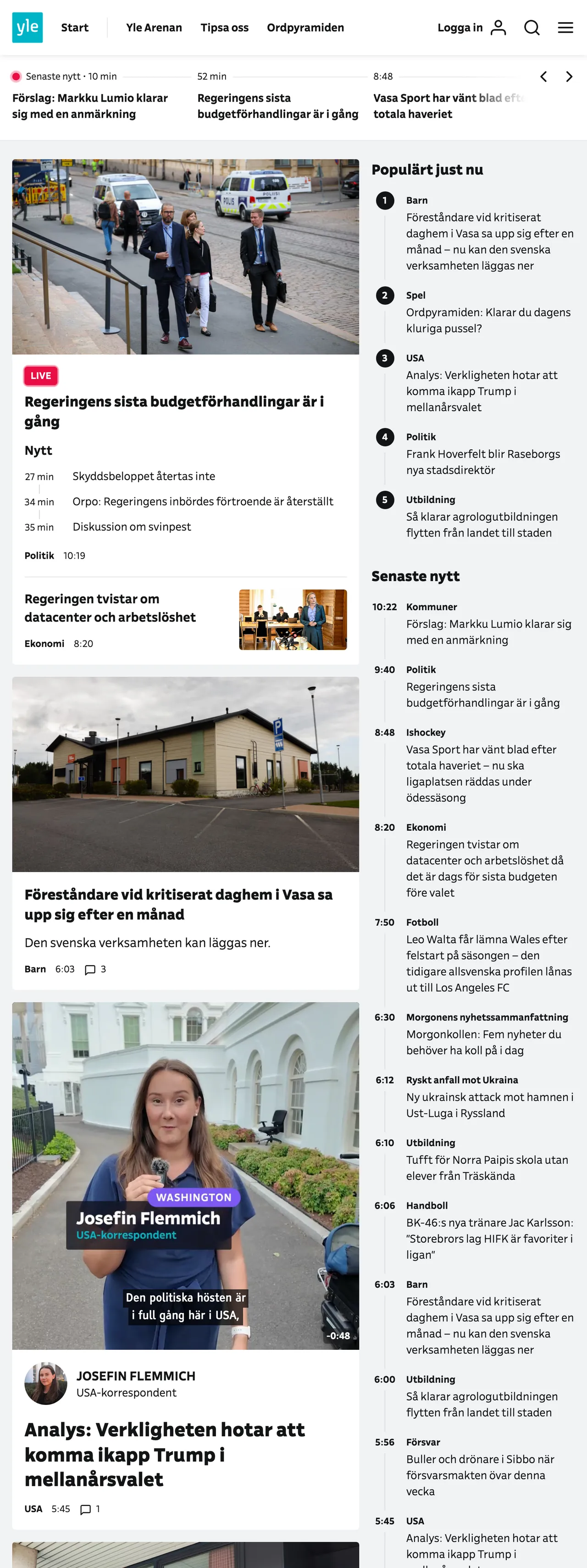 Screenshot of the Svenska Yle front page