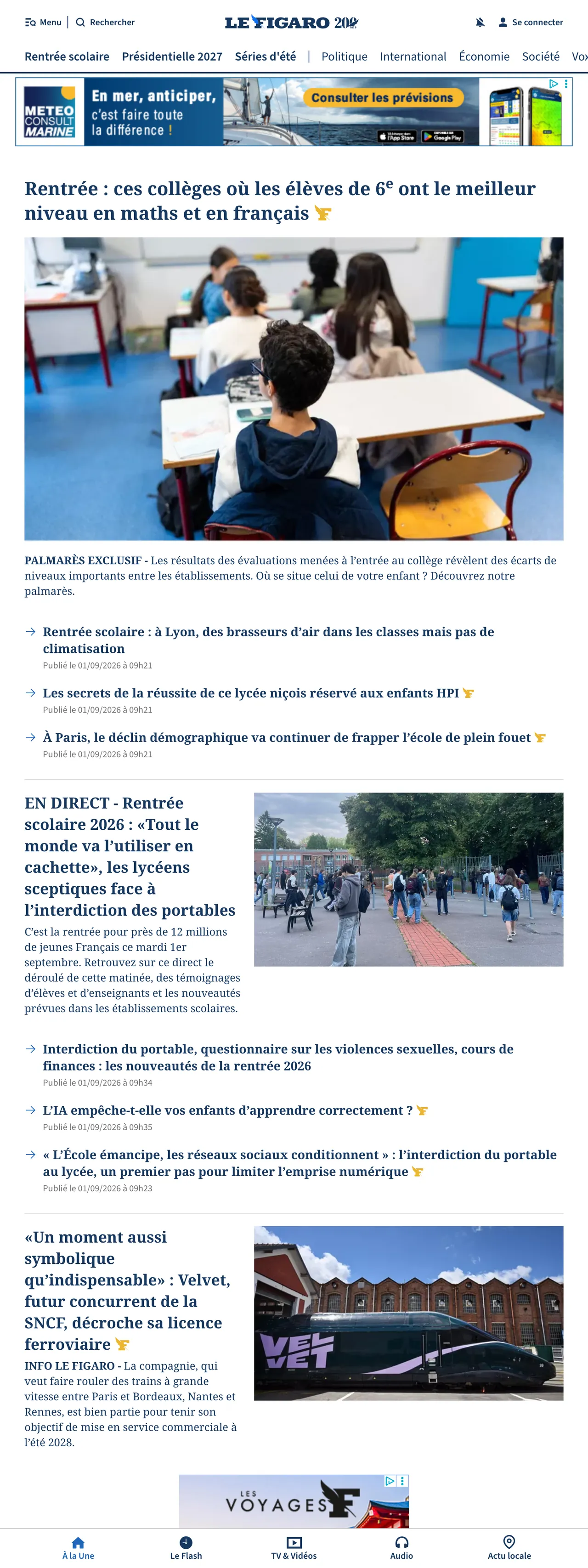 Screenshot of the Le Figaro front page
