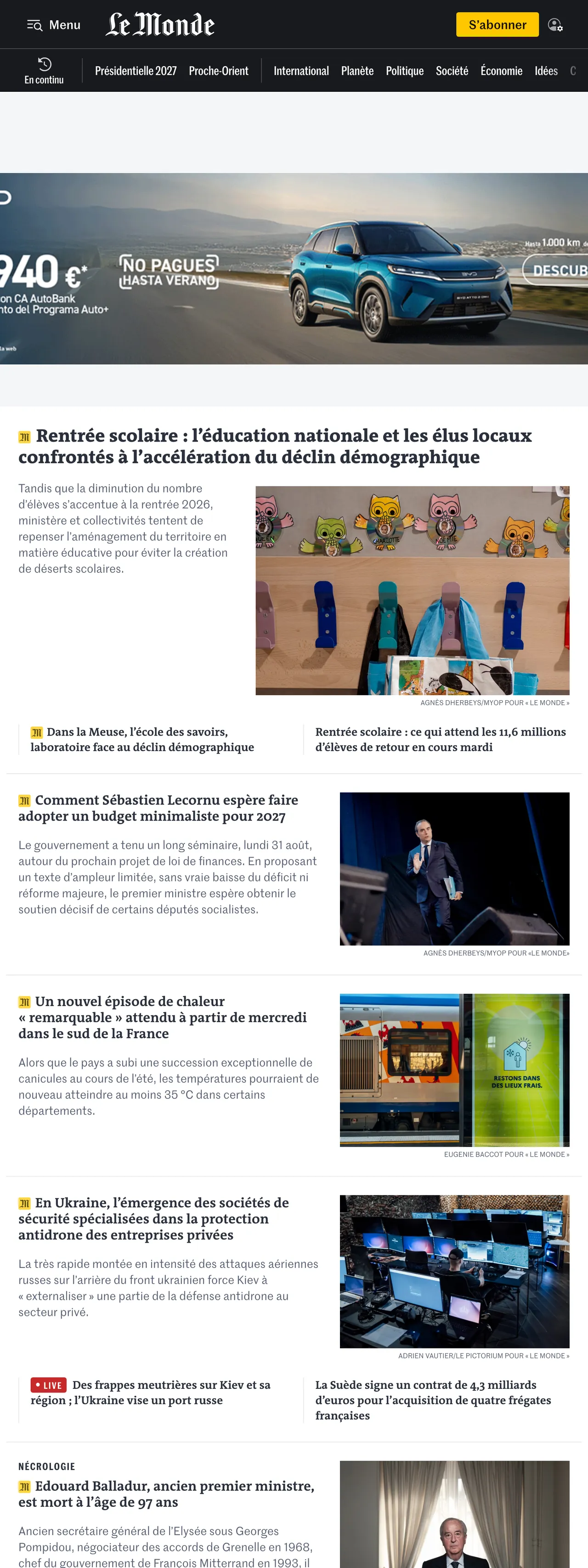 Screenshot of the Le Monde front page