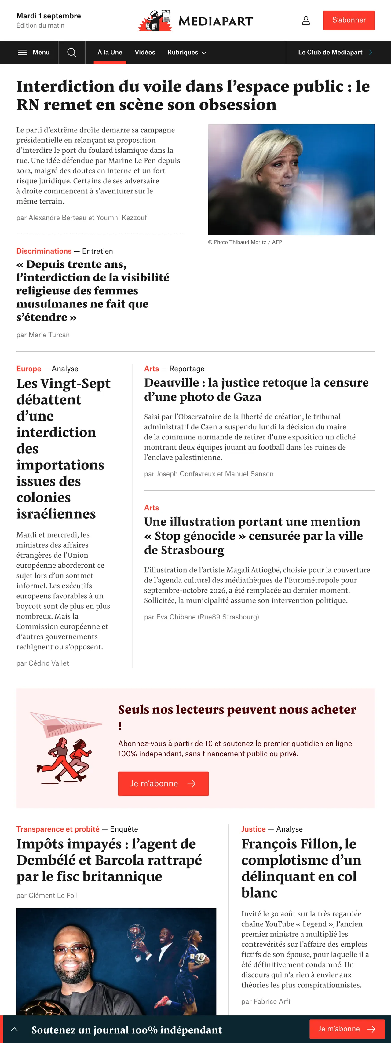 Screenshot of the Mediapart front page