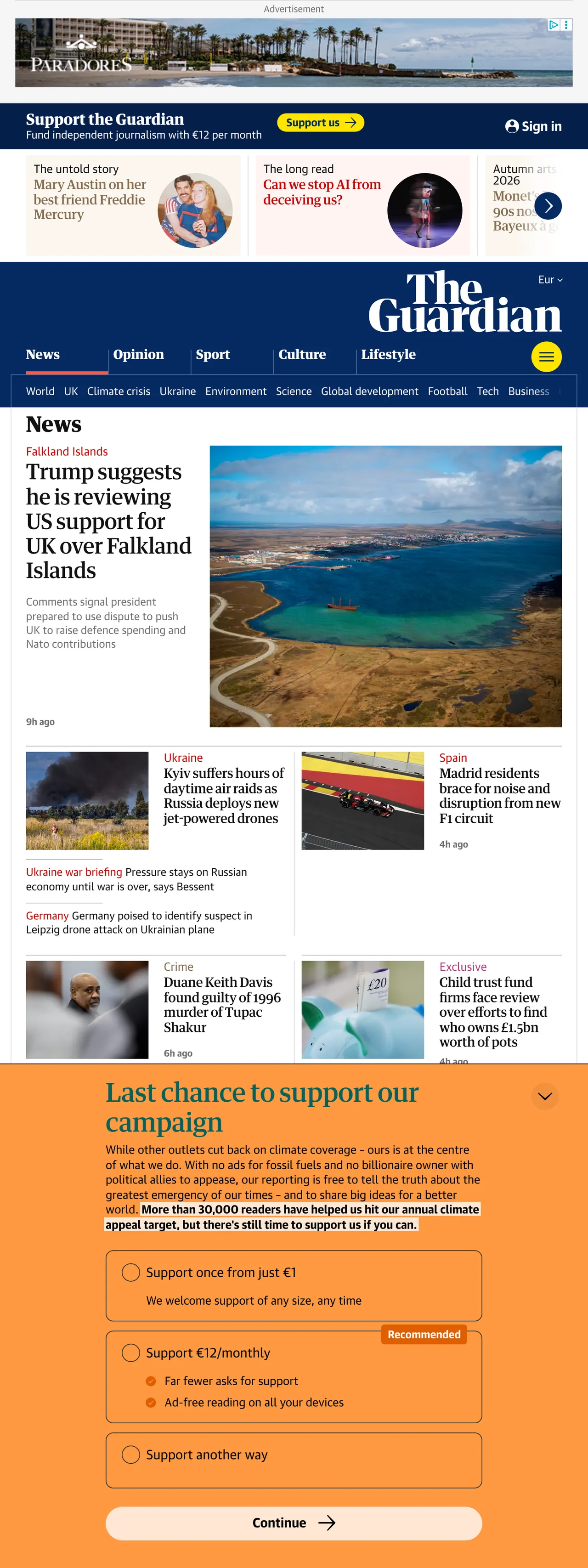 Screenshot of the The Guardian front page
