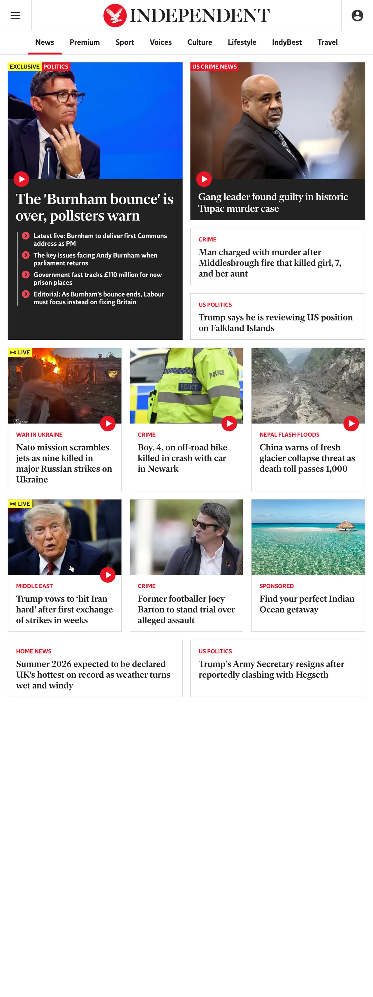 Screenshot of the The Independent front page