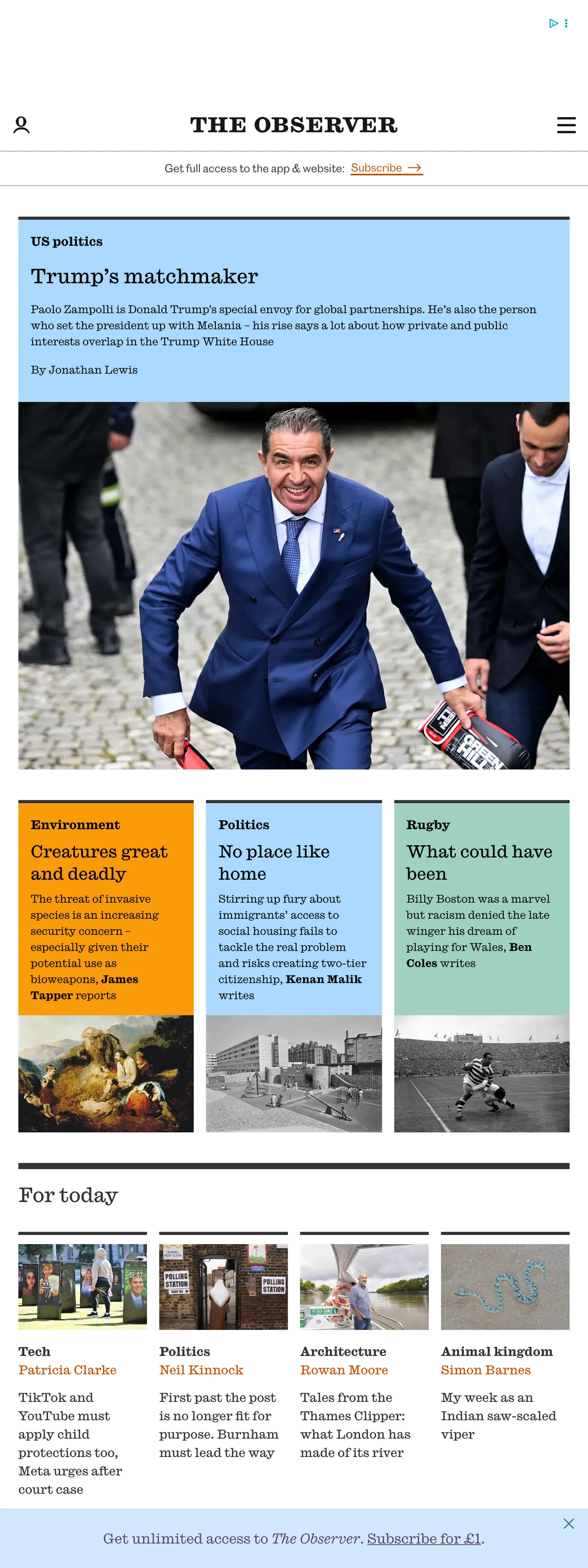 Screenshot of the The Observer front page