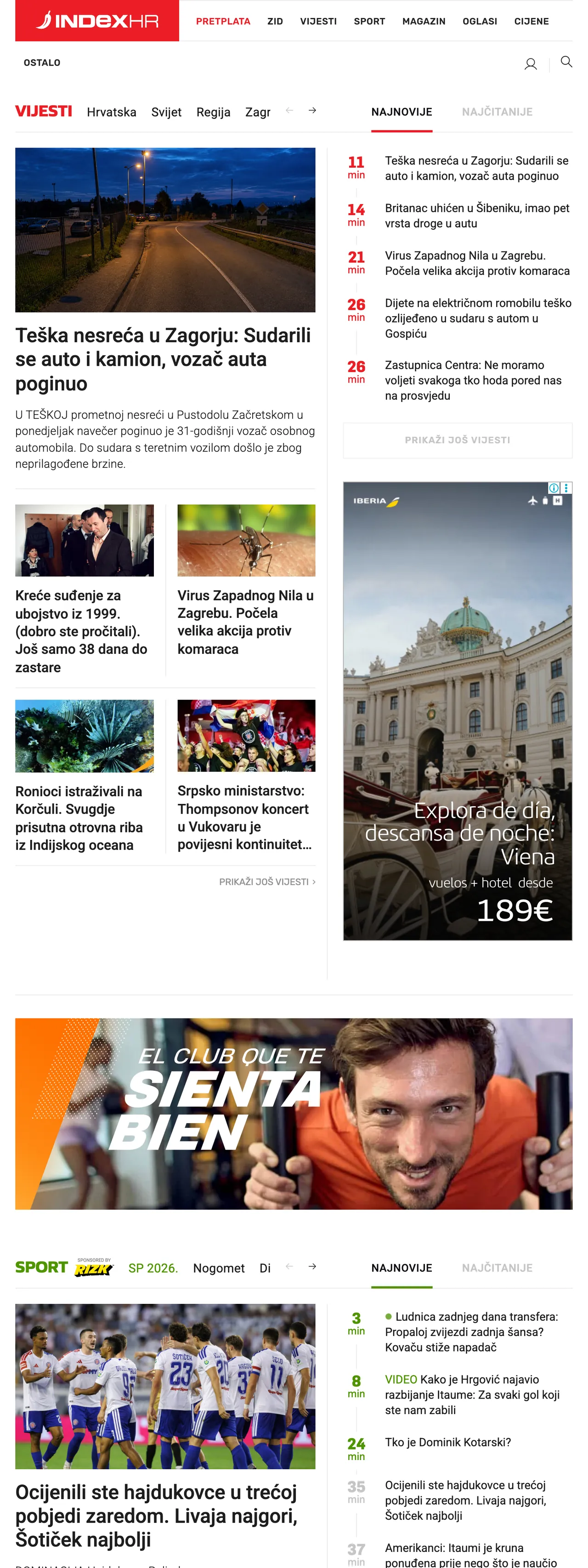 Screenshot of the Index.hr front page
