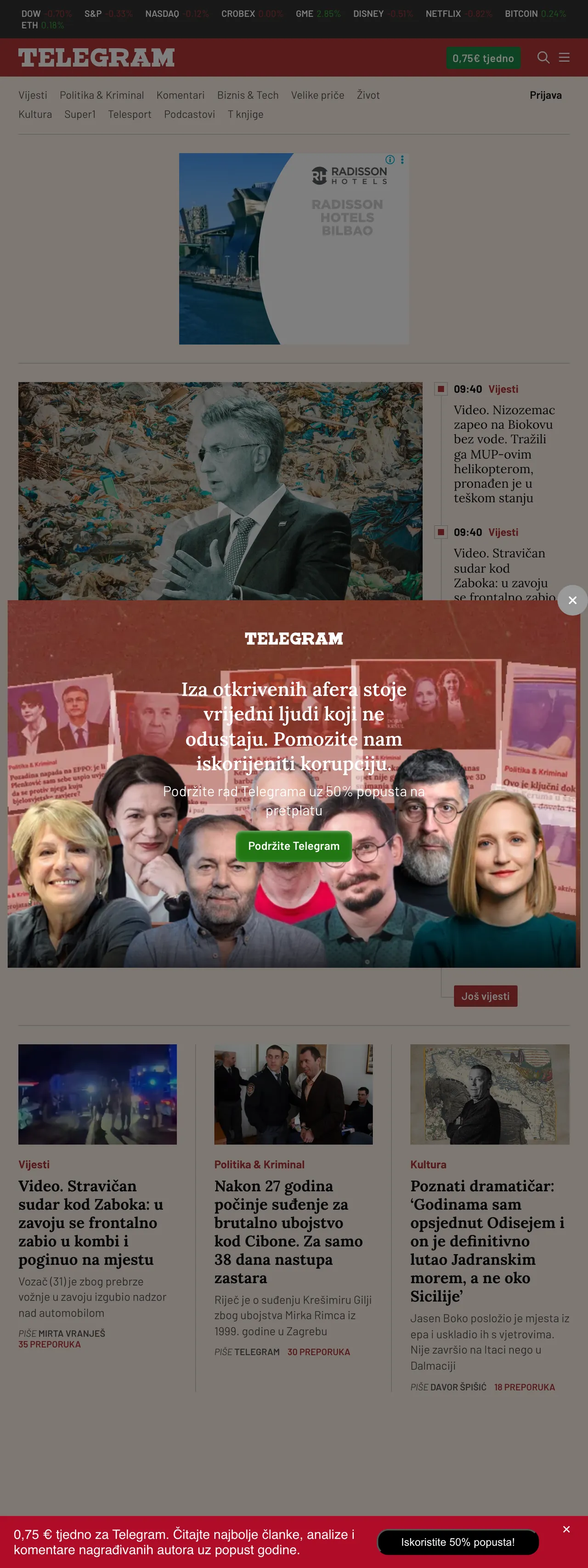 Screenshot of the Telegram.hr front page