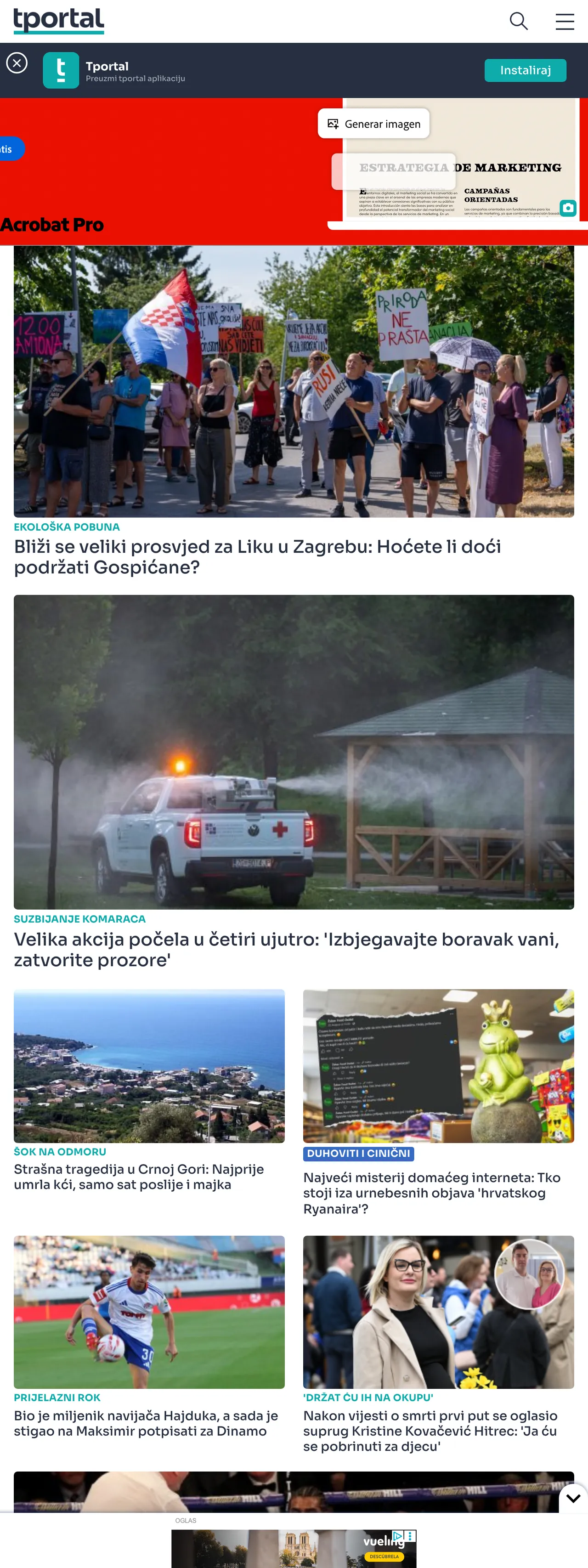 Screenshot of the tportal front page
