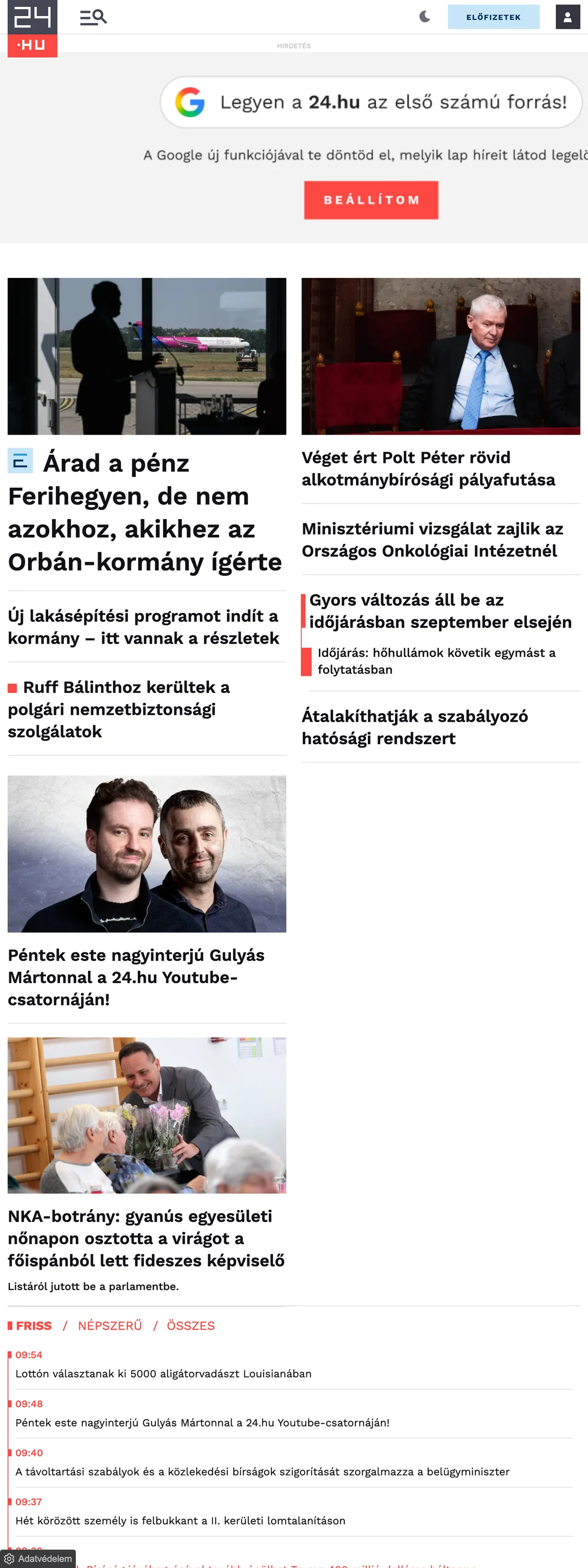 Screenshot of the 24.hu front page