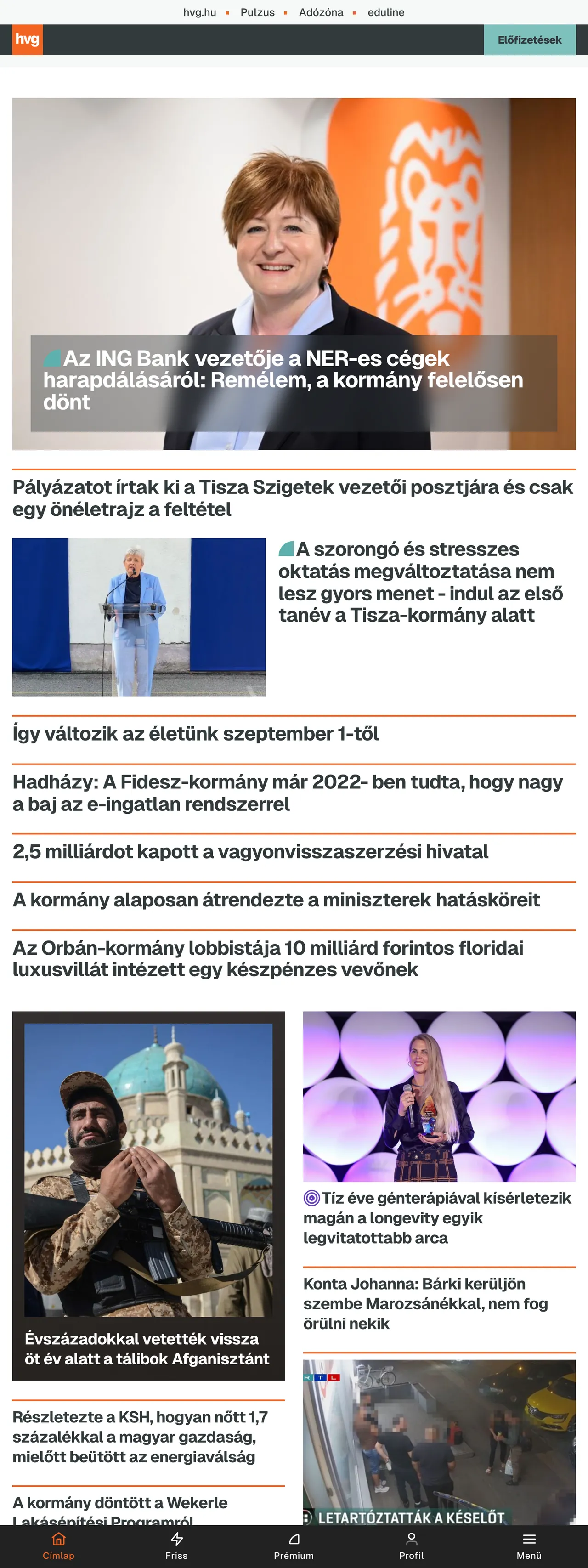Screenshot of the HVG front page