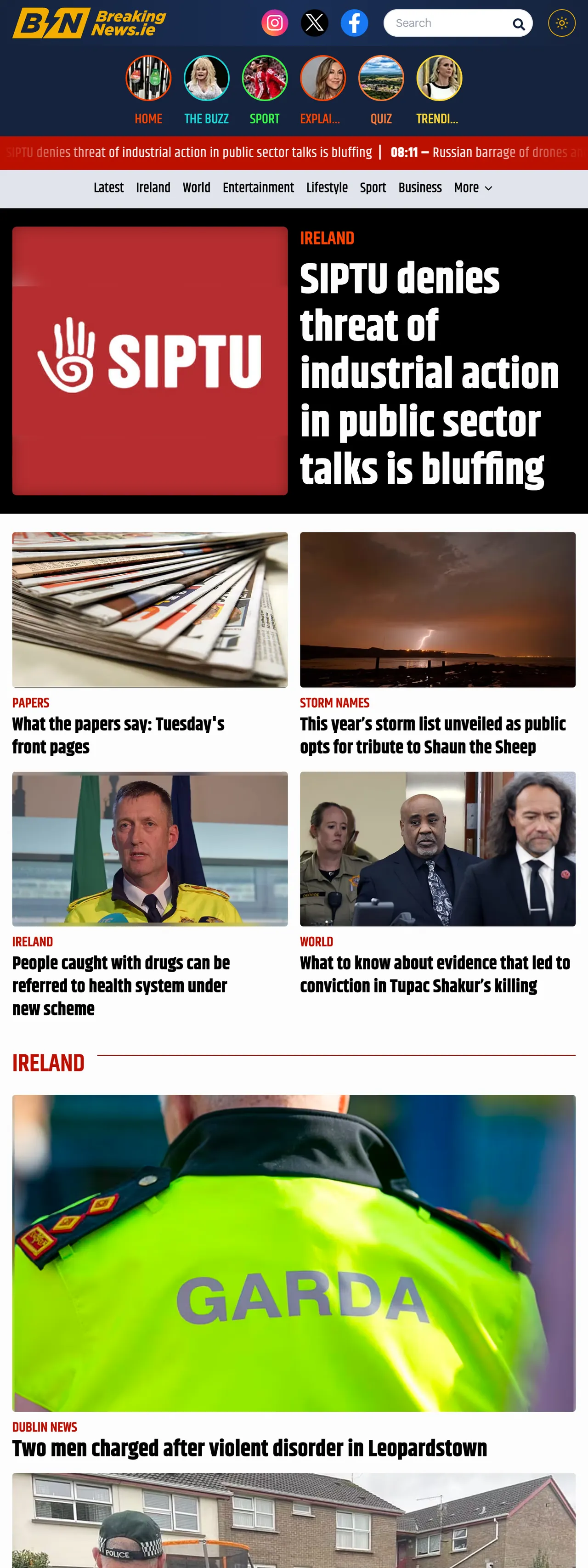 Screenshot of the BreakingNews.ie front page