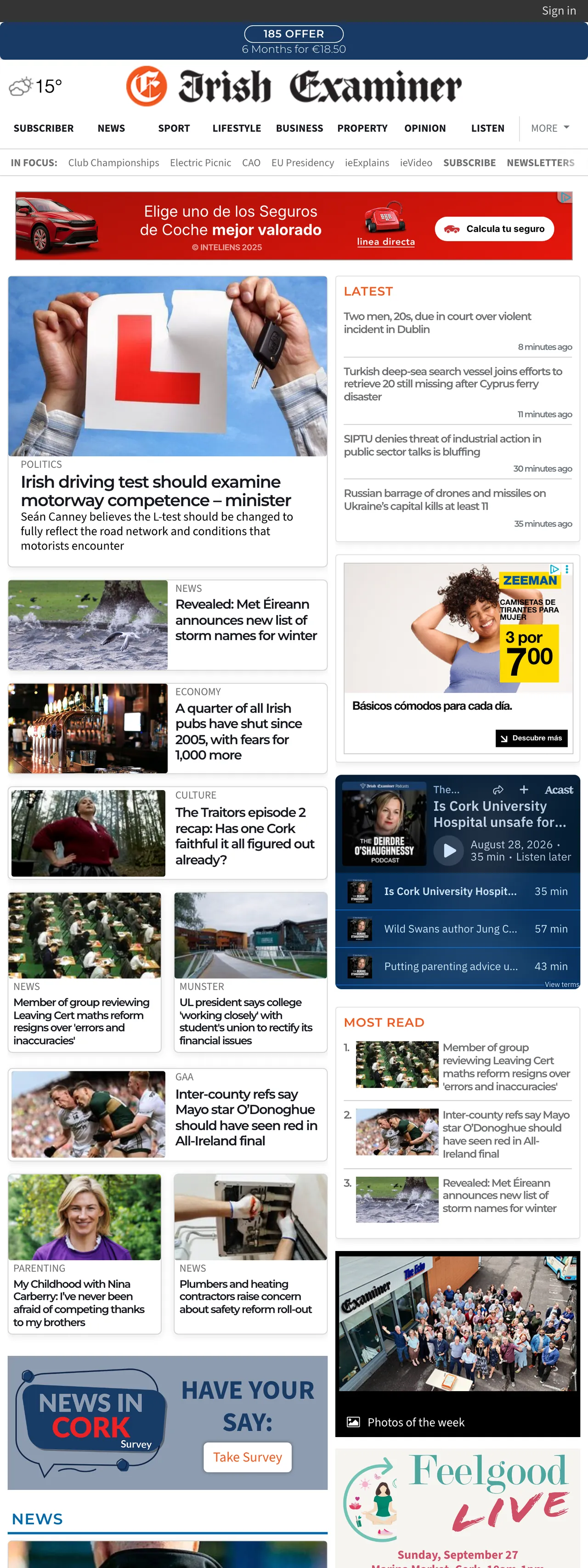 Screenshot of the Irish Examiner front page