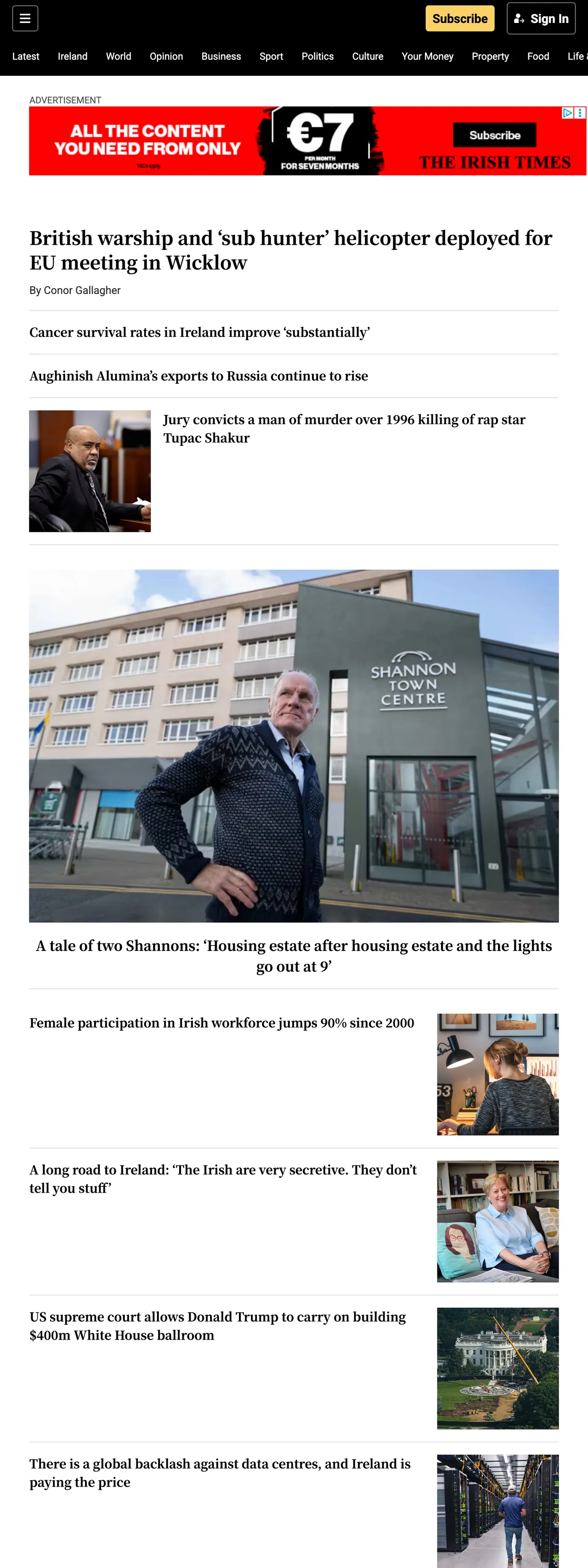 Screenshot of the The Irish Times front page