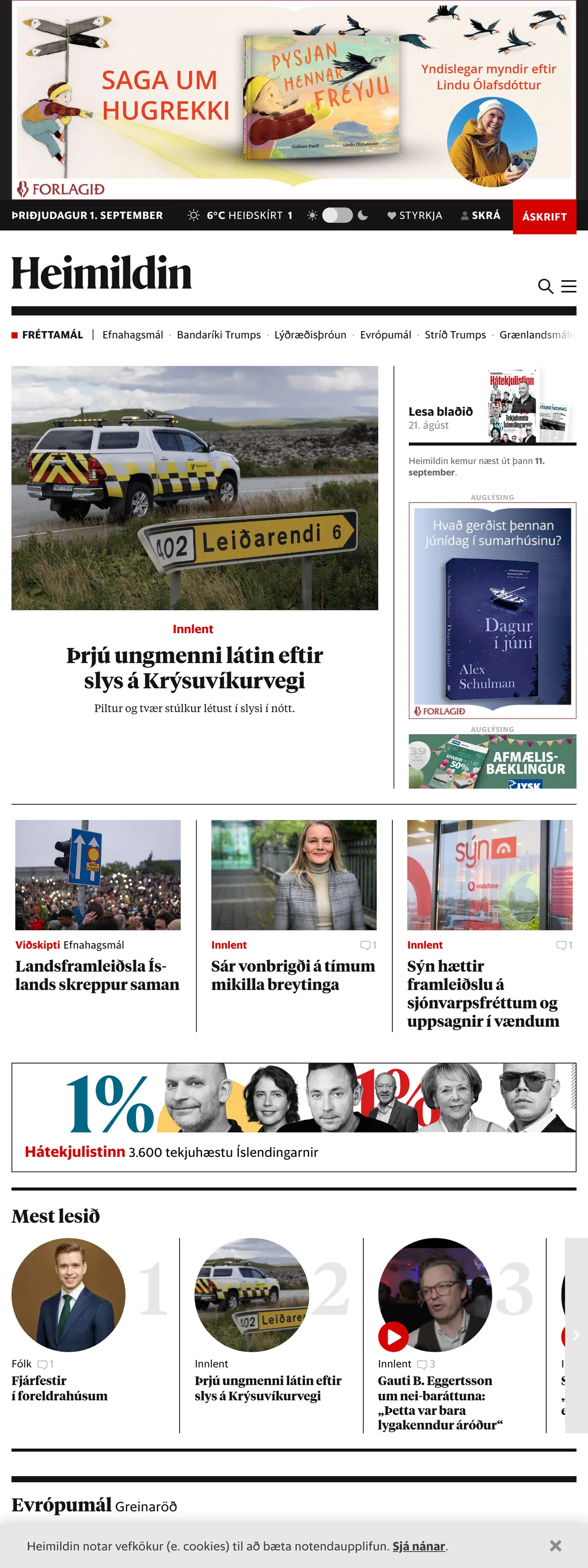 Screenshot of the Heimildin front page