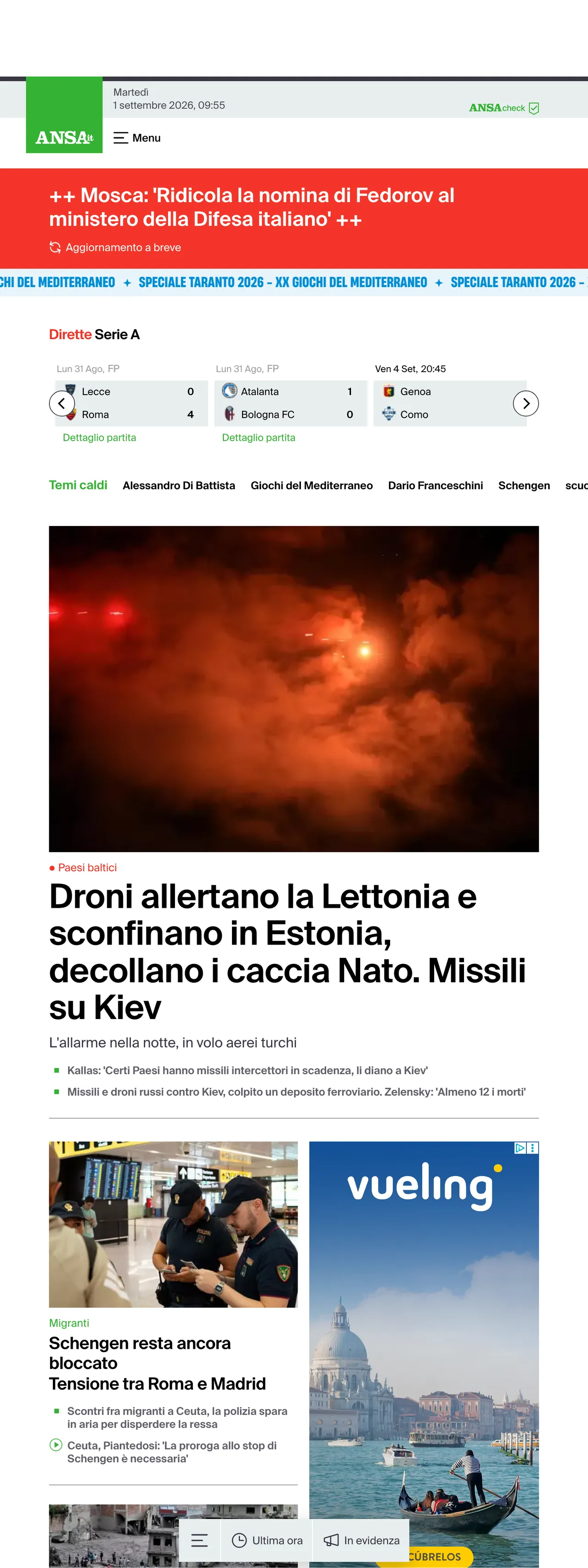 Screenshot of the ANSA front page
