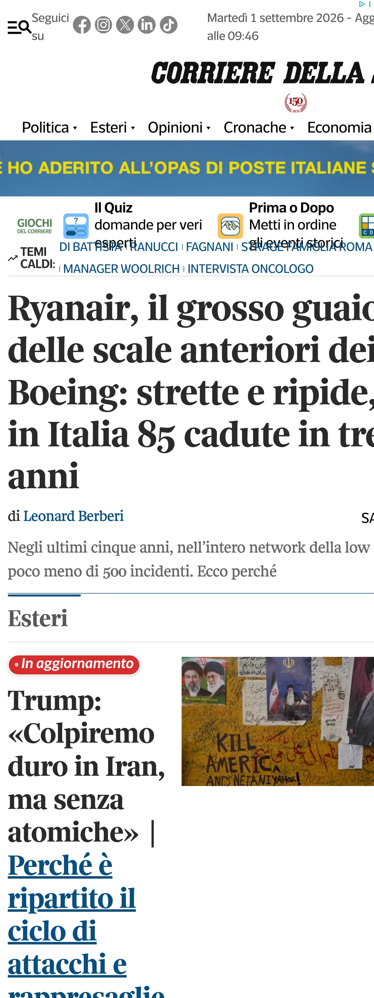 Screenshot of the Corriere della Sera front page