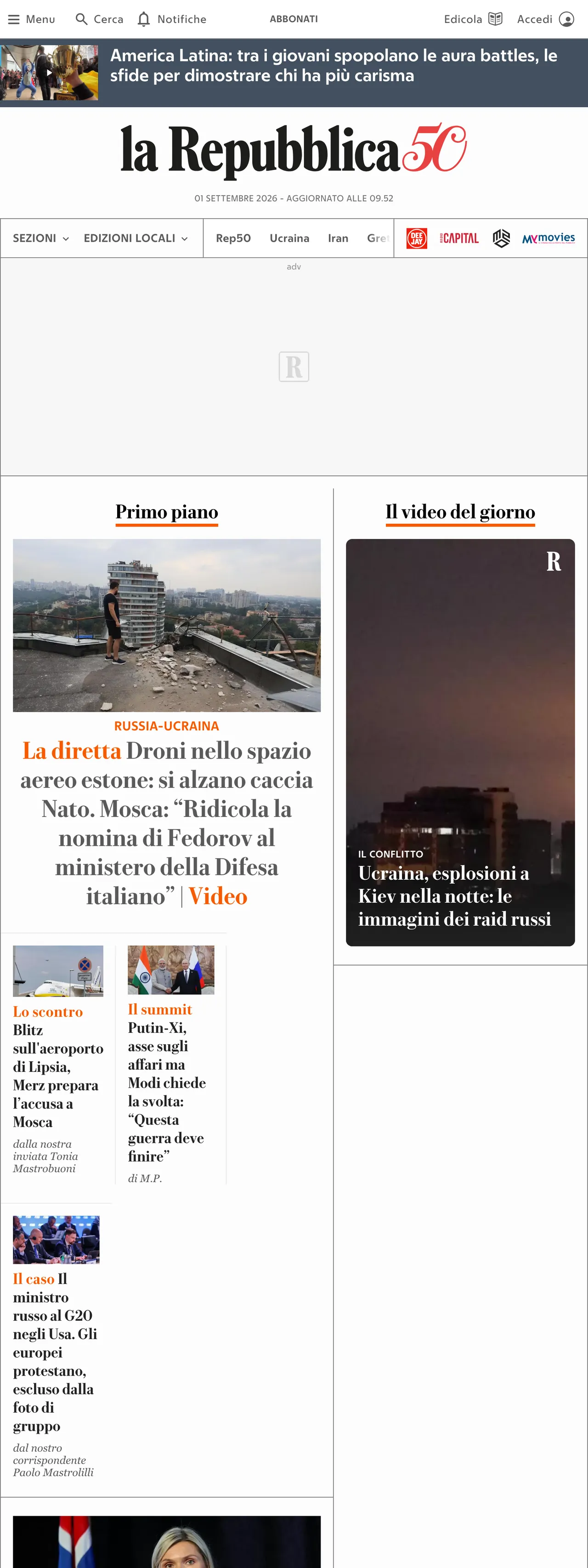 Screenshot of the la Repubblica front page