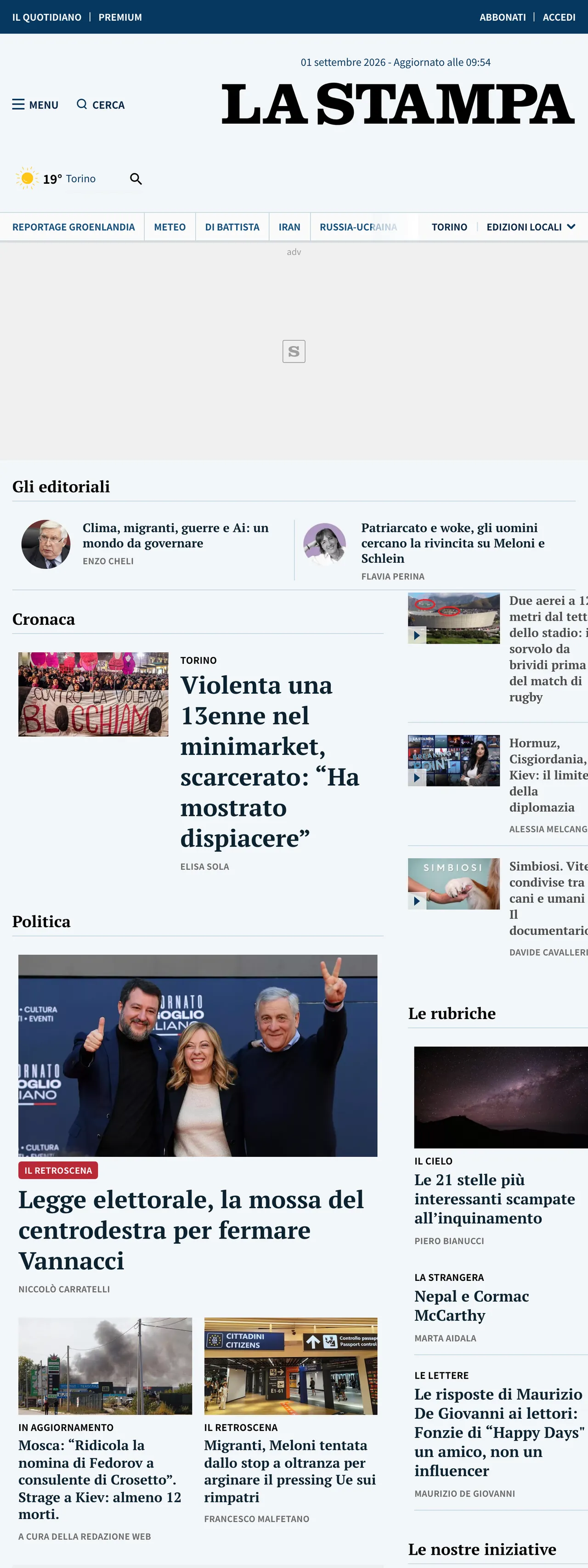 Screenshot of the La Stampa front page