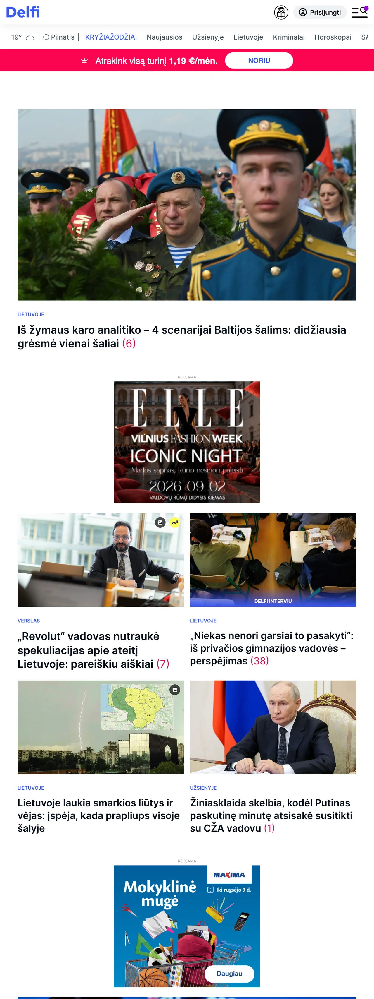 Screenshot of the Delfi front page