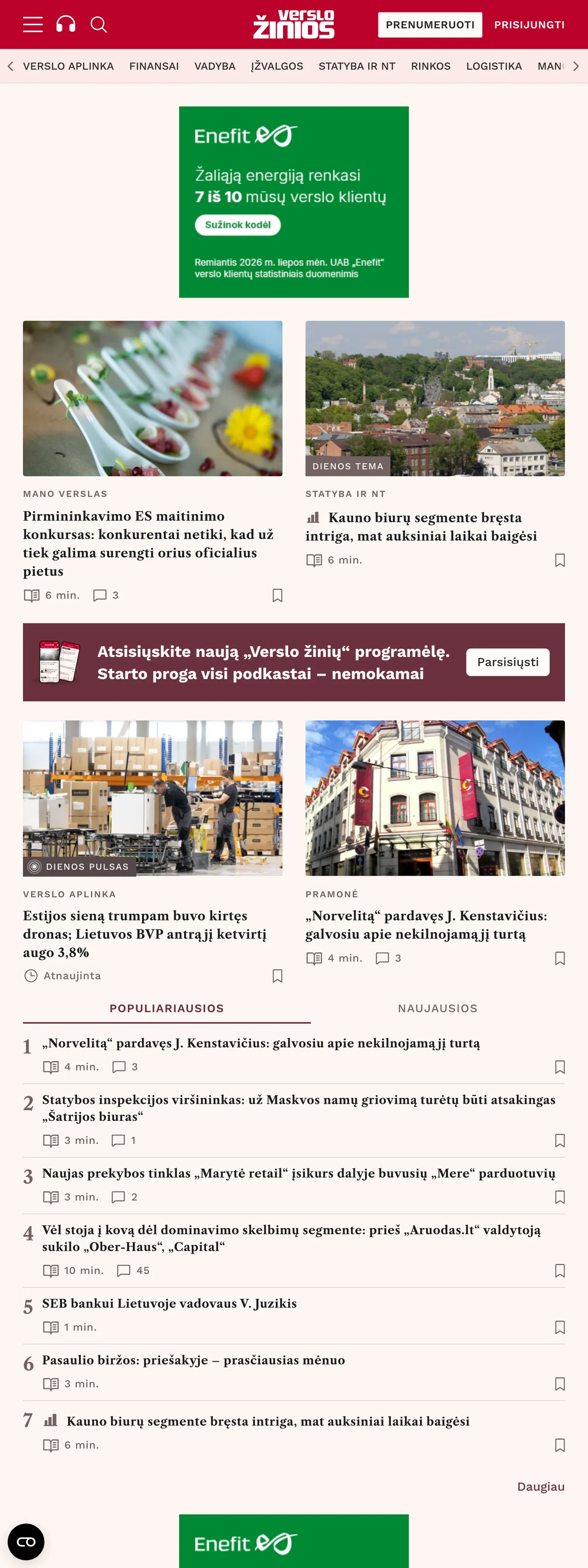Screenshot of the Verslo žinios front page