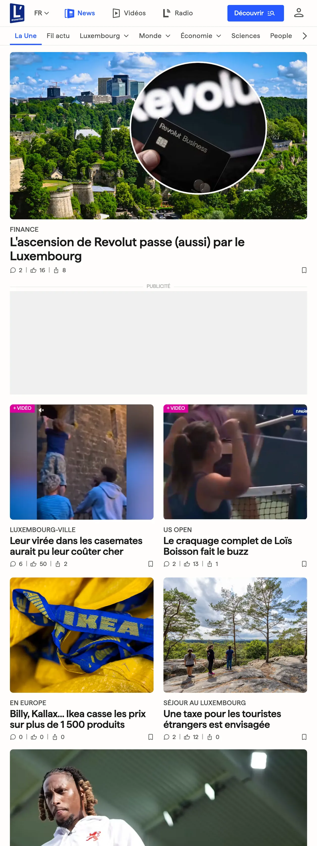 Screenshot of the L'essentiel front page