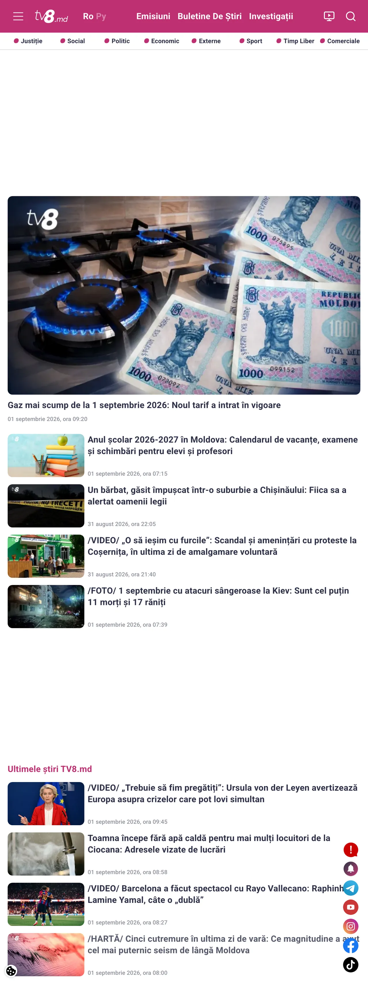 Screenshot of the TV8 front page