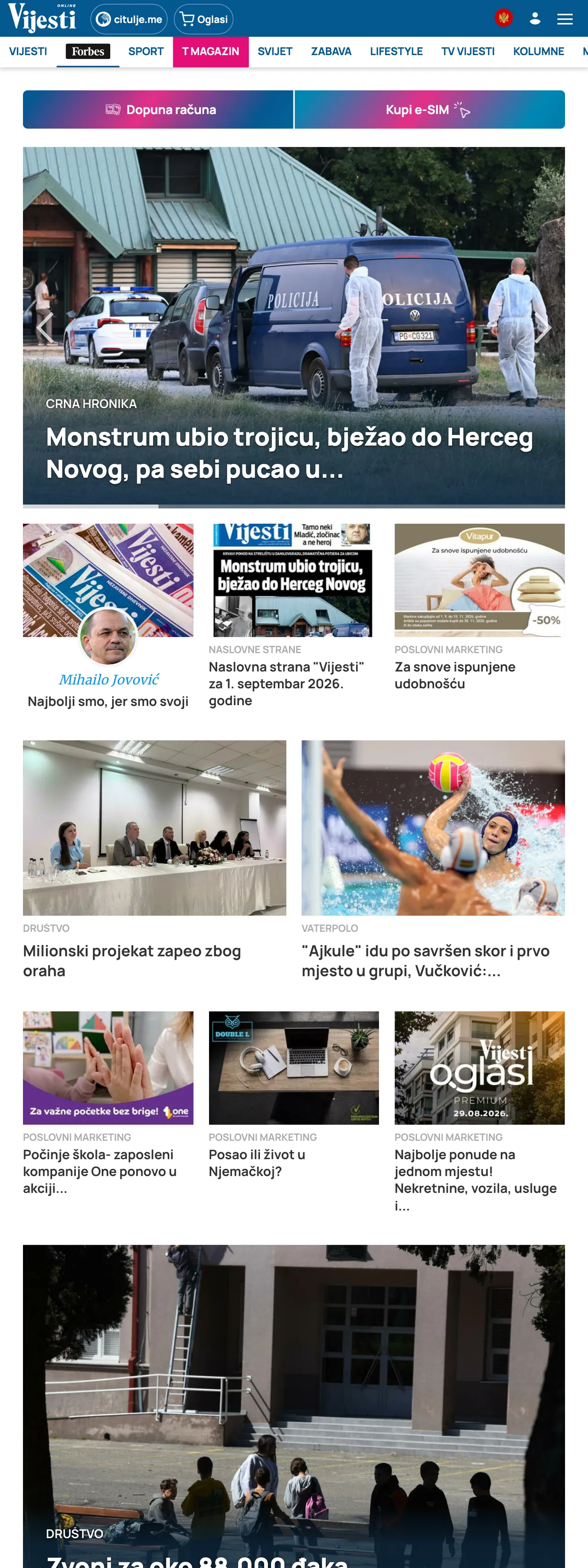Screenshot of the Vijesti front page