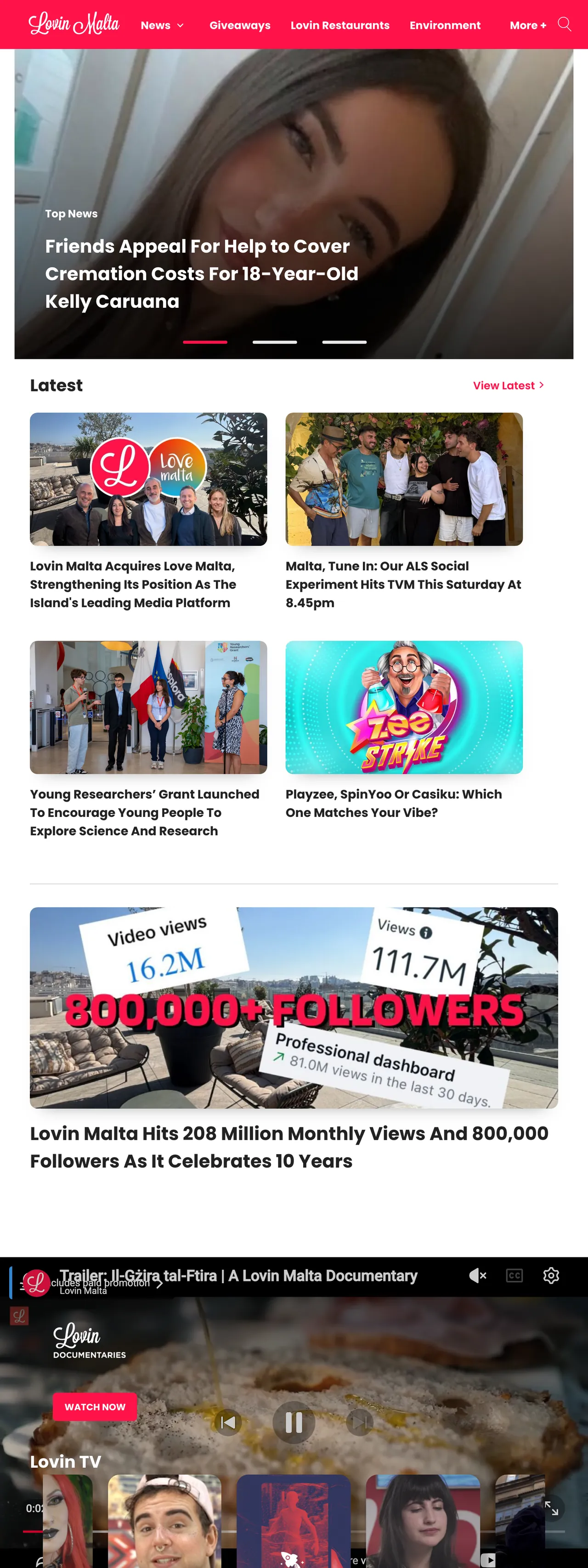 Screenshot of the Lovin Malta front page