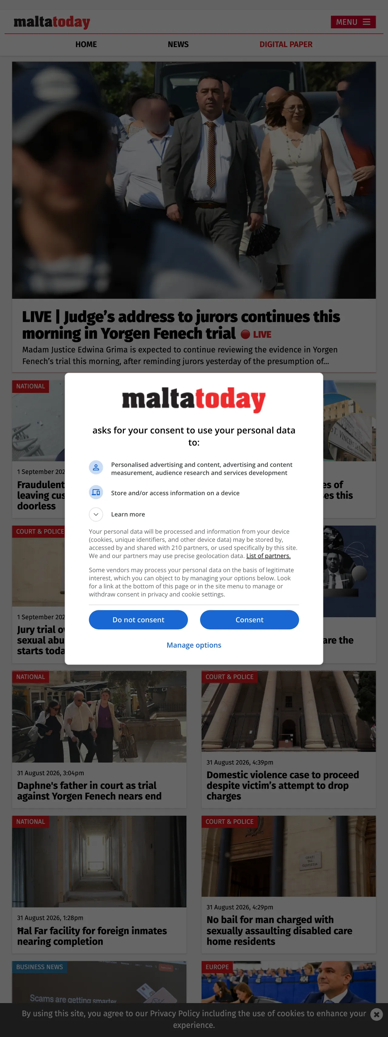Screenshot of the Malta Today front page