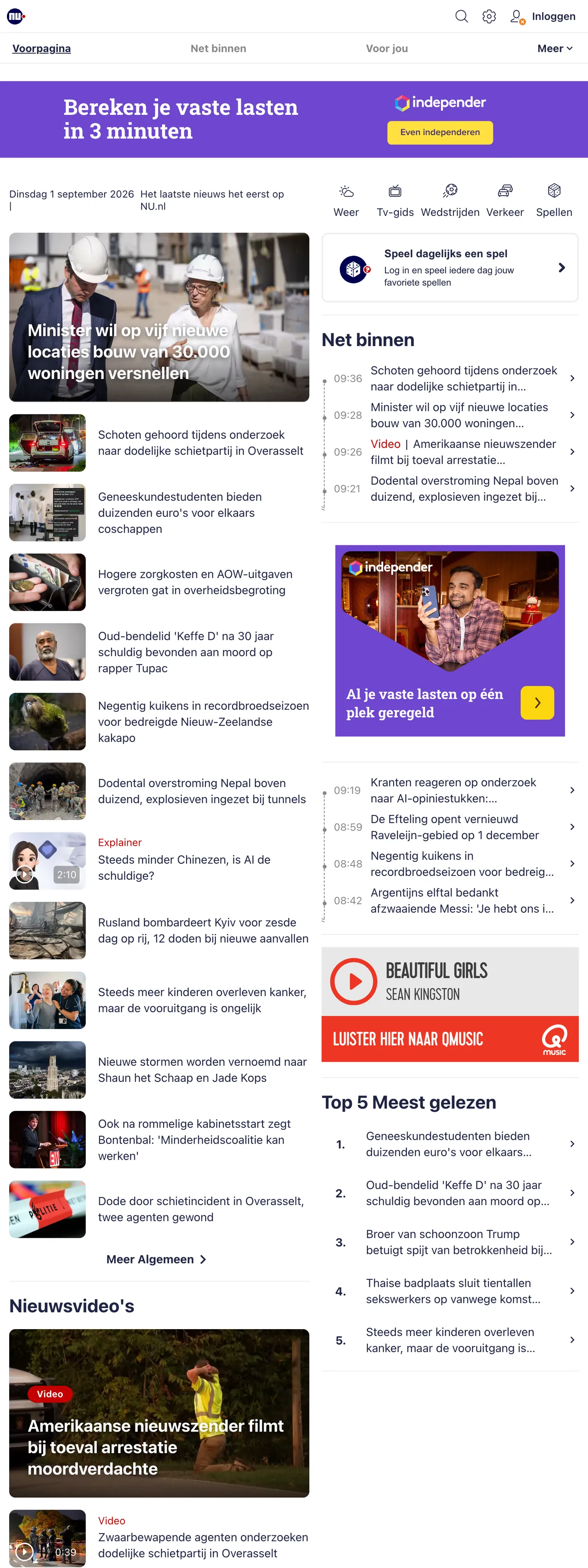 Screenshot of the NU.nl front page