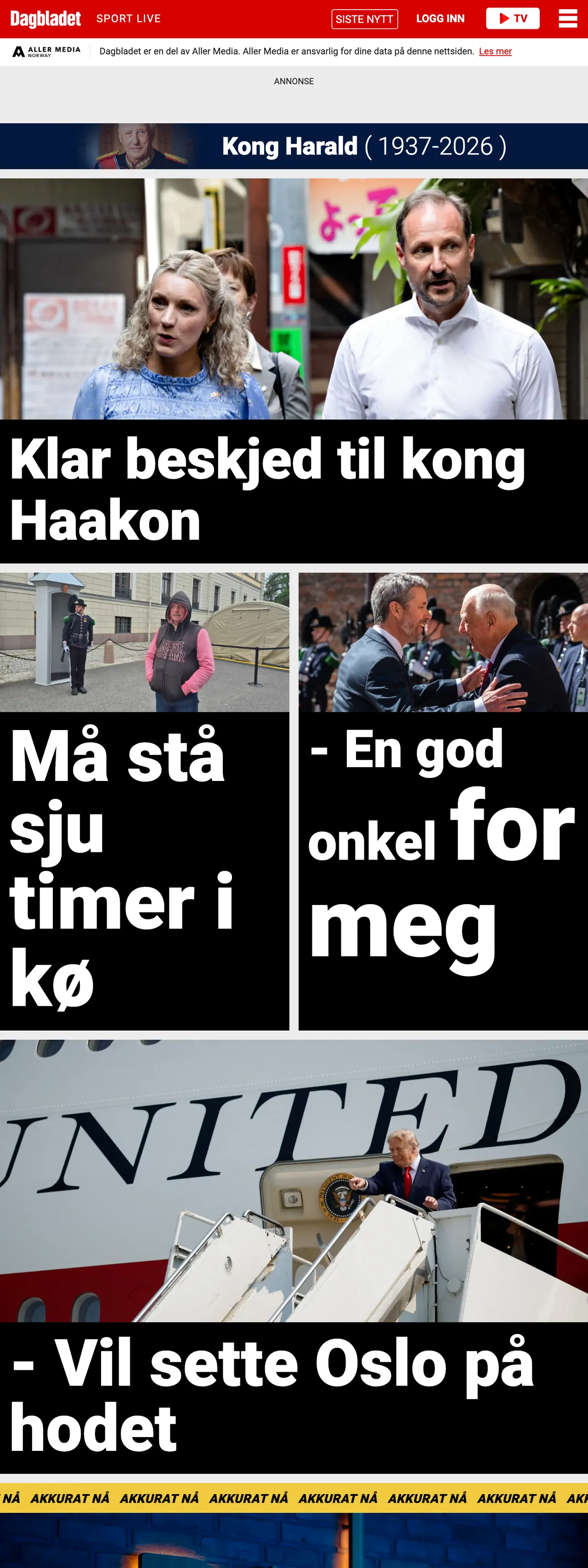 Screenshot of the Dagbladet front page