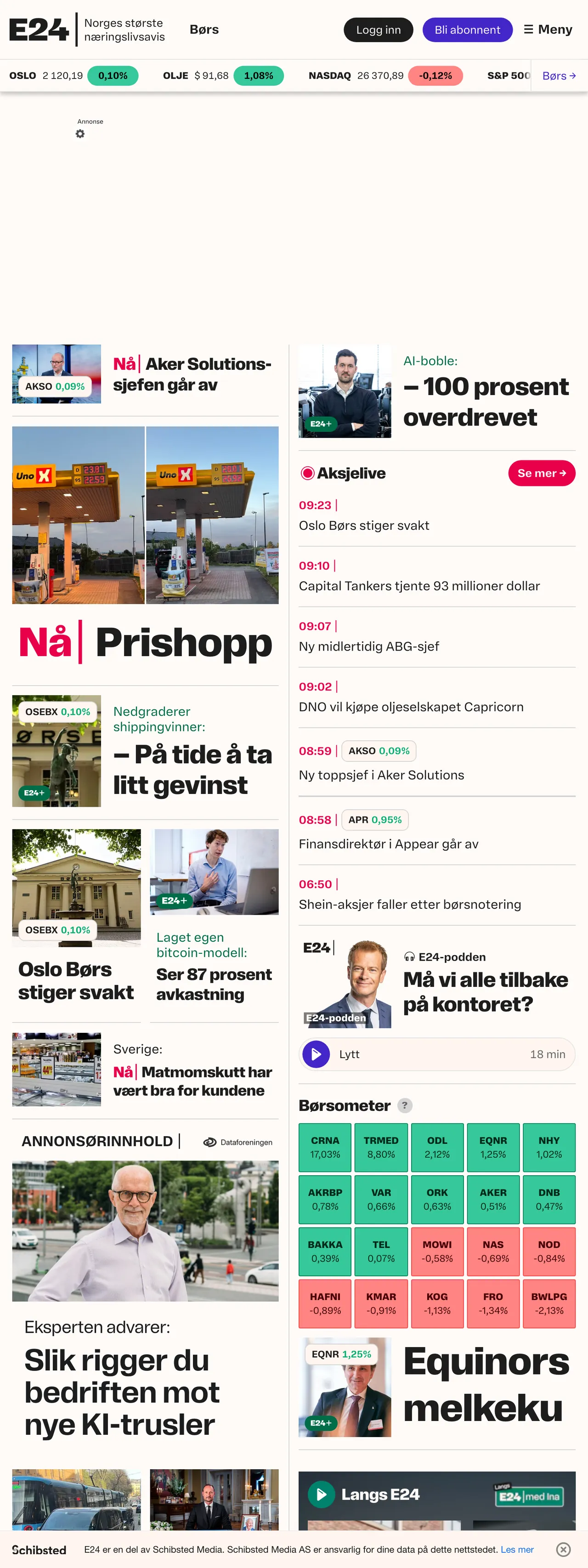 Screenshot of the E24 front page